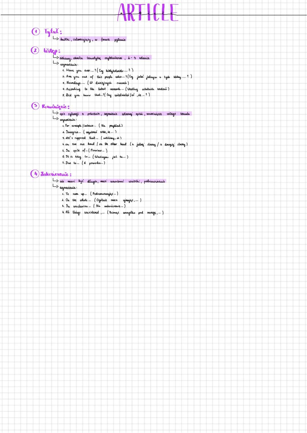 --- OCR Start ---
ARTICLE
1 Tytuł:
→ hasła, interesujący, w formie pytania
2 Wstęp:
→ zwięzły, określa tematykę, czytelnikow, 2-3 zdania
→ w