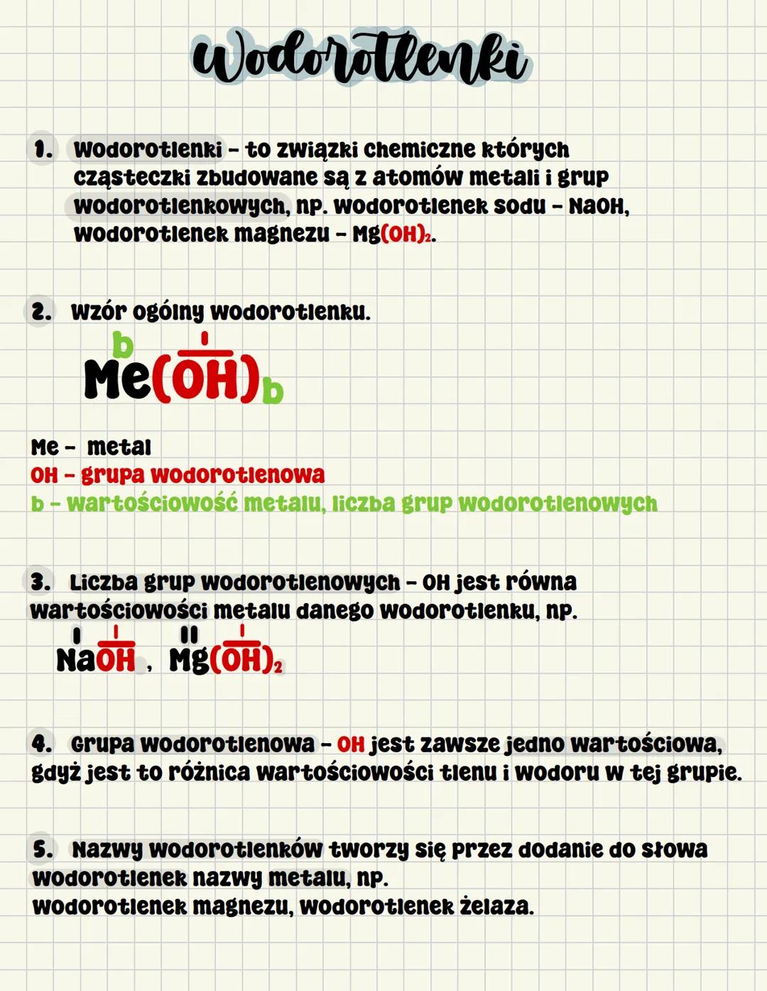 # Wodorotlenki
1. Wodorotlenki - to związki chemiczne których
cząsteczki zbudowane są z atomów metali i grup
wodorotlenkowych, np. wodorotl