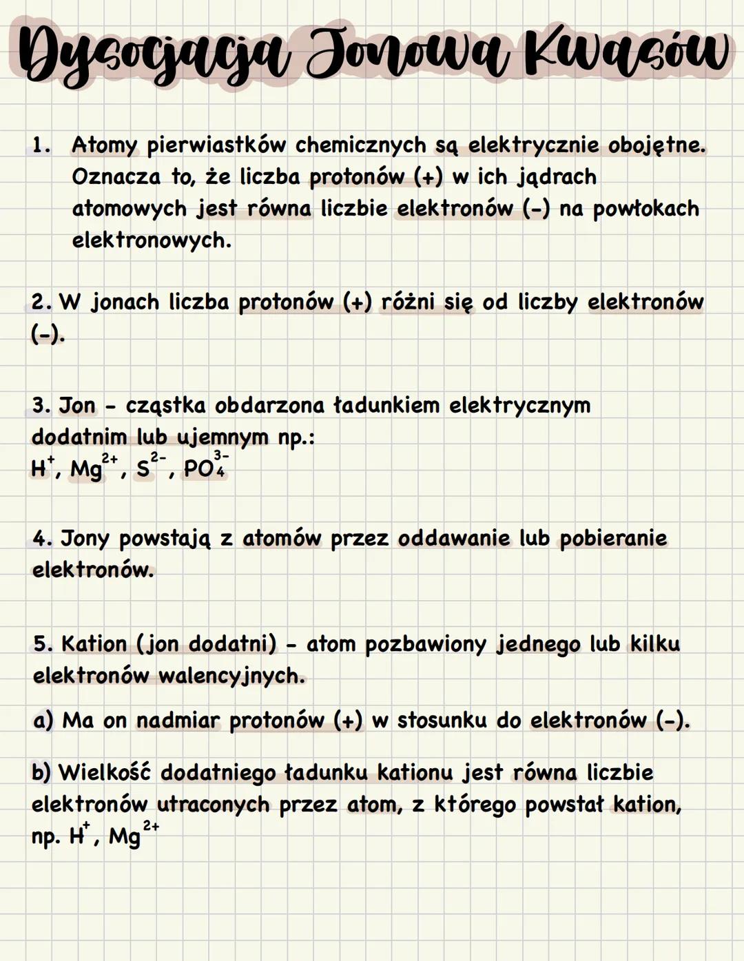 # Dycocjacja Jonowa Kwasów
1. Atomy pierwiastków chemicznych są elektrycznie obojętne.
Oznacza to, że liczba protonów (+) w ich jądrac