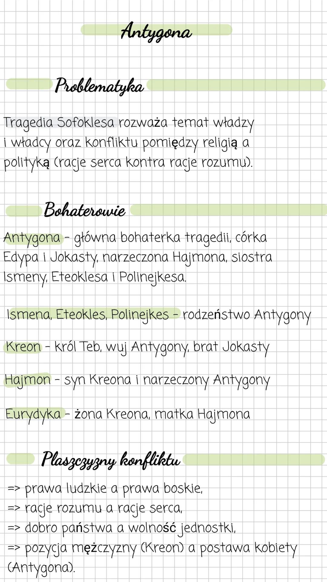 --- OCR Start ---
Antygona
Problematyka
Tragedia Sofoklesa rozważa temat władzy
i władcy oraz konfliktu pomiędzy religią a
polityką (racje s