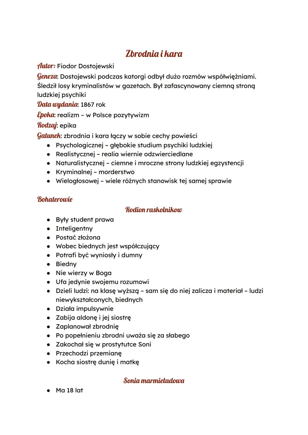 --- OCR Start ---
Autor: Fiodor Dostojewski
Zbrodnia i kara
Geneza: Dostojewski podczas katorgi odbył dużo rozmów współwięźniami.
Śledził lo