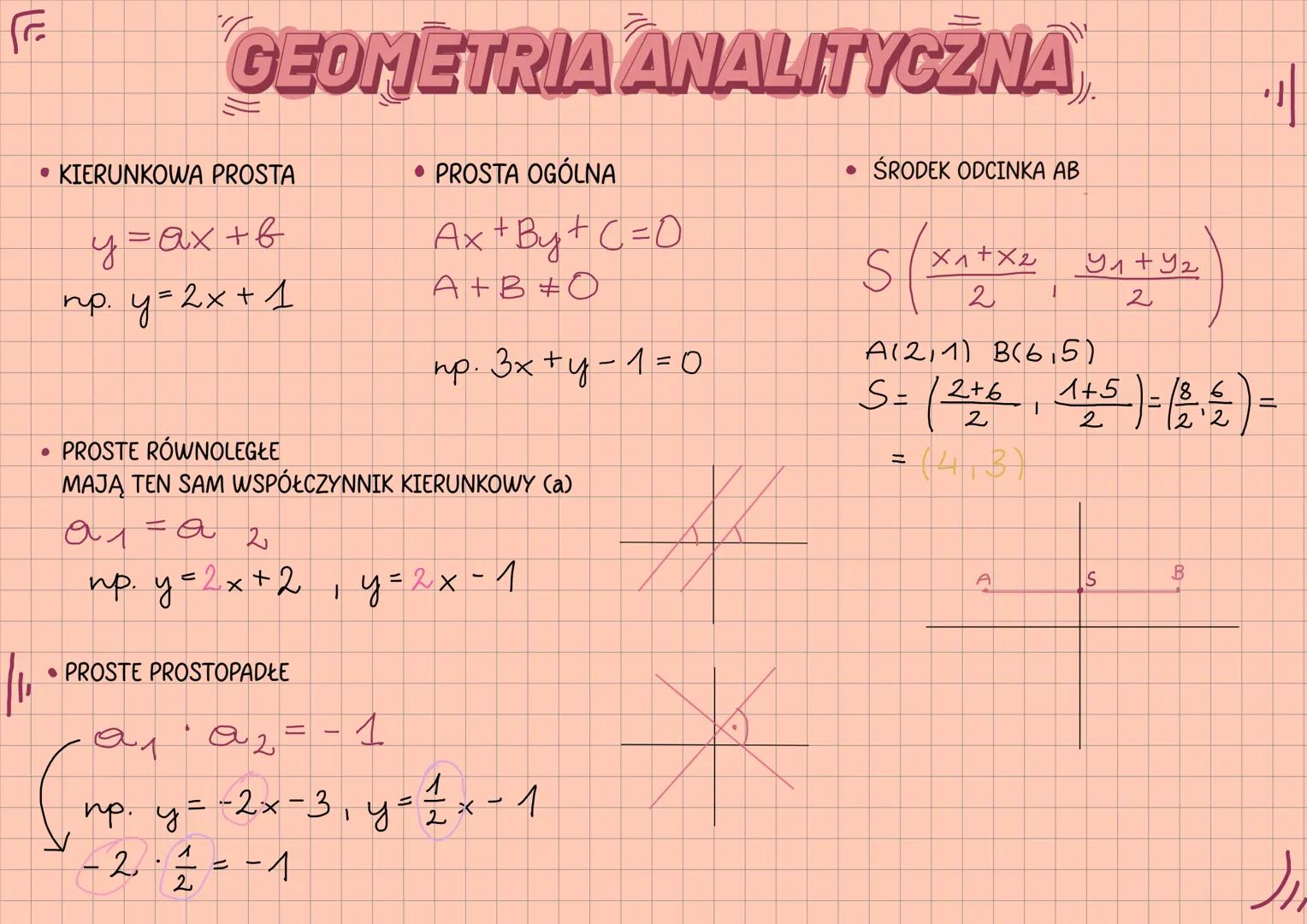 یر
# GEOMETRIA ANALITYCZNA
• KIERUNKOWA PROSTA
$y = ax + b$
пр. у= 2x + 1
• PROSTA OGÓLNA
$Ax+By+C=0$
$A+B\neq 0$
пр. 3x+y-1=0
• ŚRO