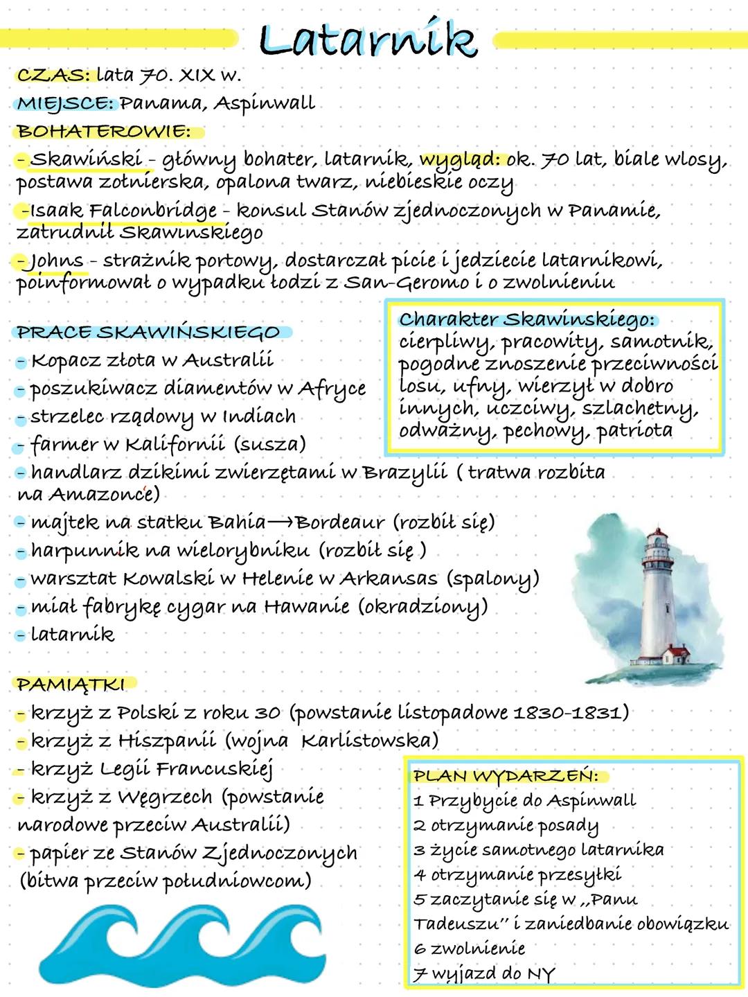 # Latarnik
CZAS: Lata 70. XIX w.
MIEJSCE: Panama, Aspinwall
BOHATEROWIE:
- Skawiński - główny bohater, latarnik, wygląd: ok. 70 lat, bia
