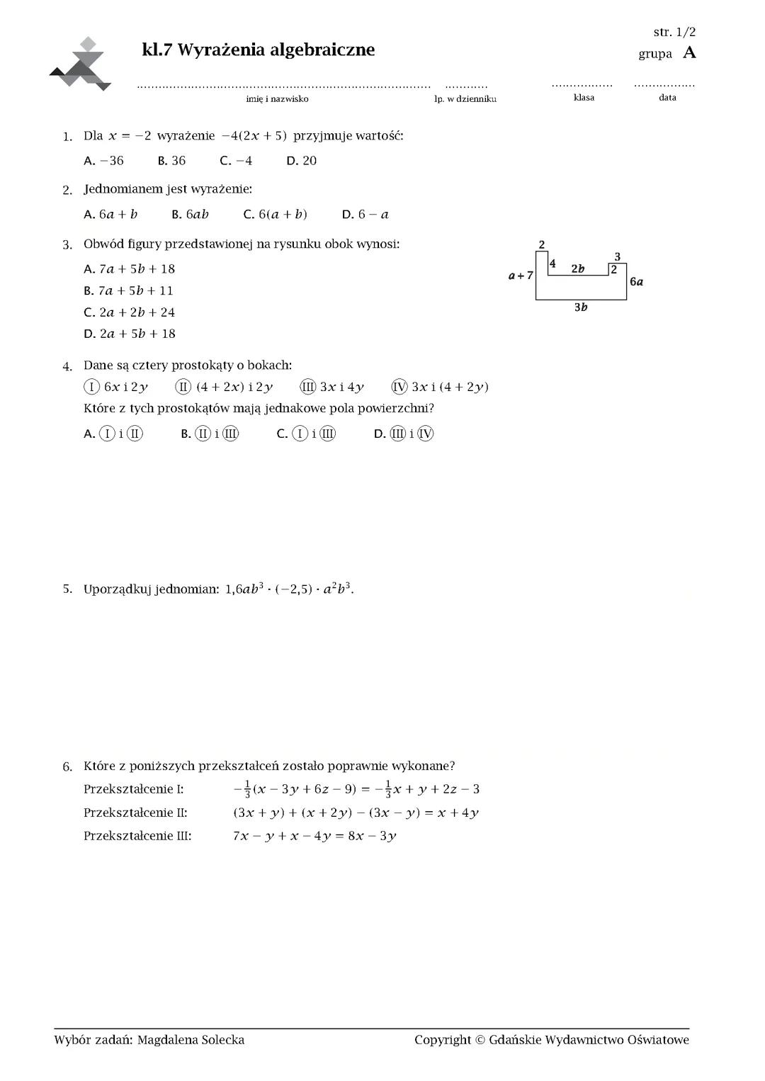 Wyrażenia algebraiczne sprawdzian