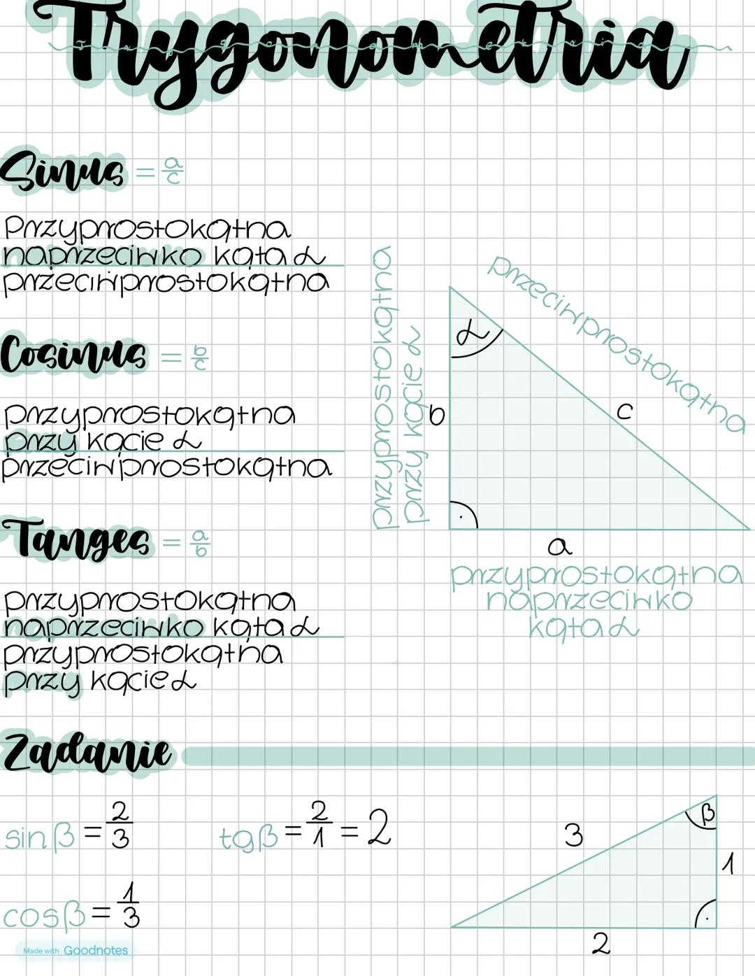 # Trygonometria
Sinus = $\frac{a}{c}$
Przyprostokątna
naprzeciwko kąta α
przeciwprostokątna
Cosinus = $\frac{b}{c}$
Przyprostokątna
przy k