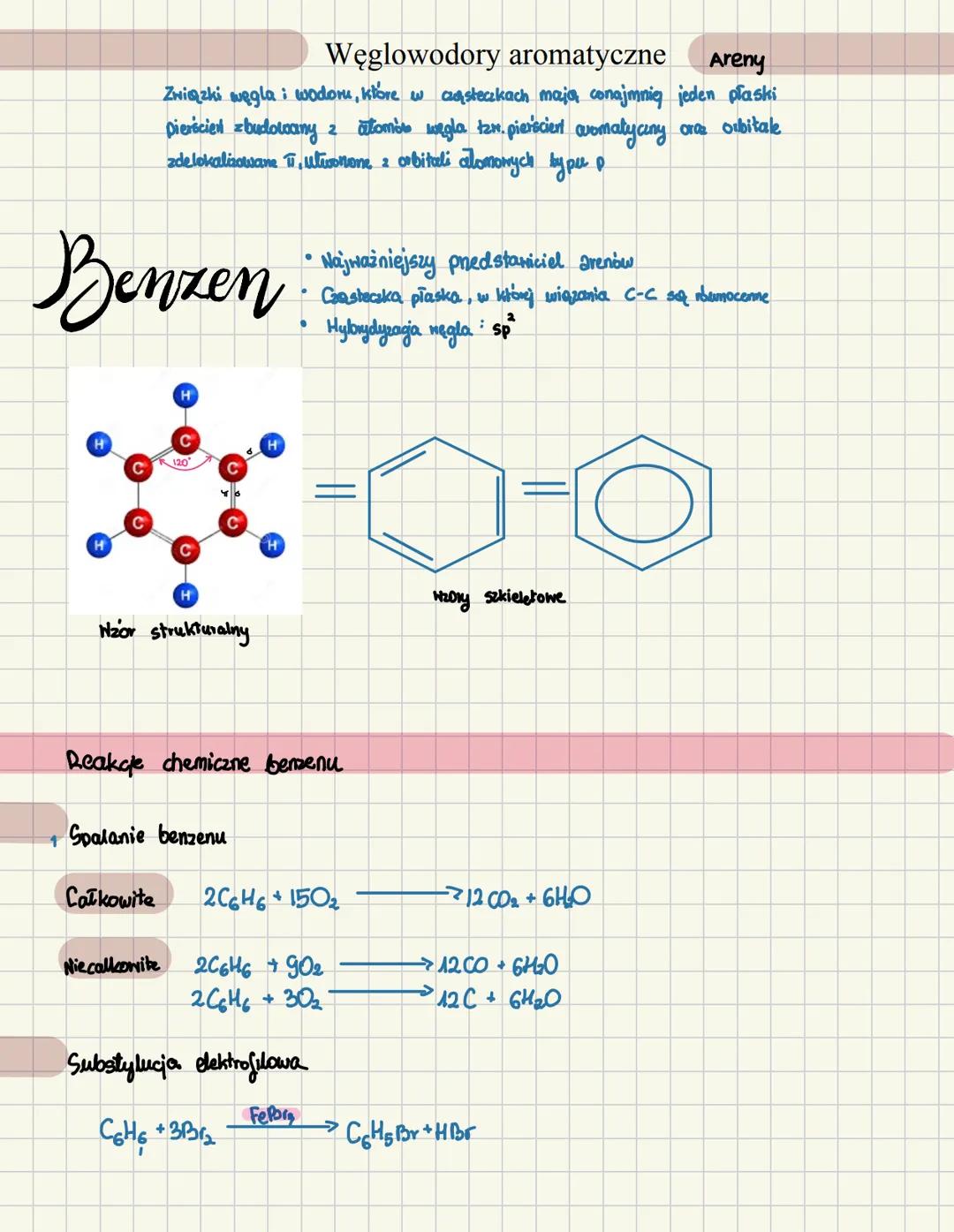 # Węglowodory aromatyczne Areny
Związki węgla i wodoru, które w caąsteczkach mają conajmnią jeden płaski
pierścień zbudowany z atomów węgla
