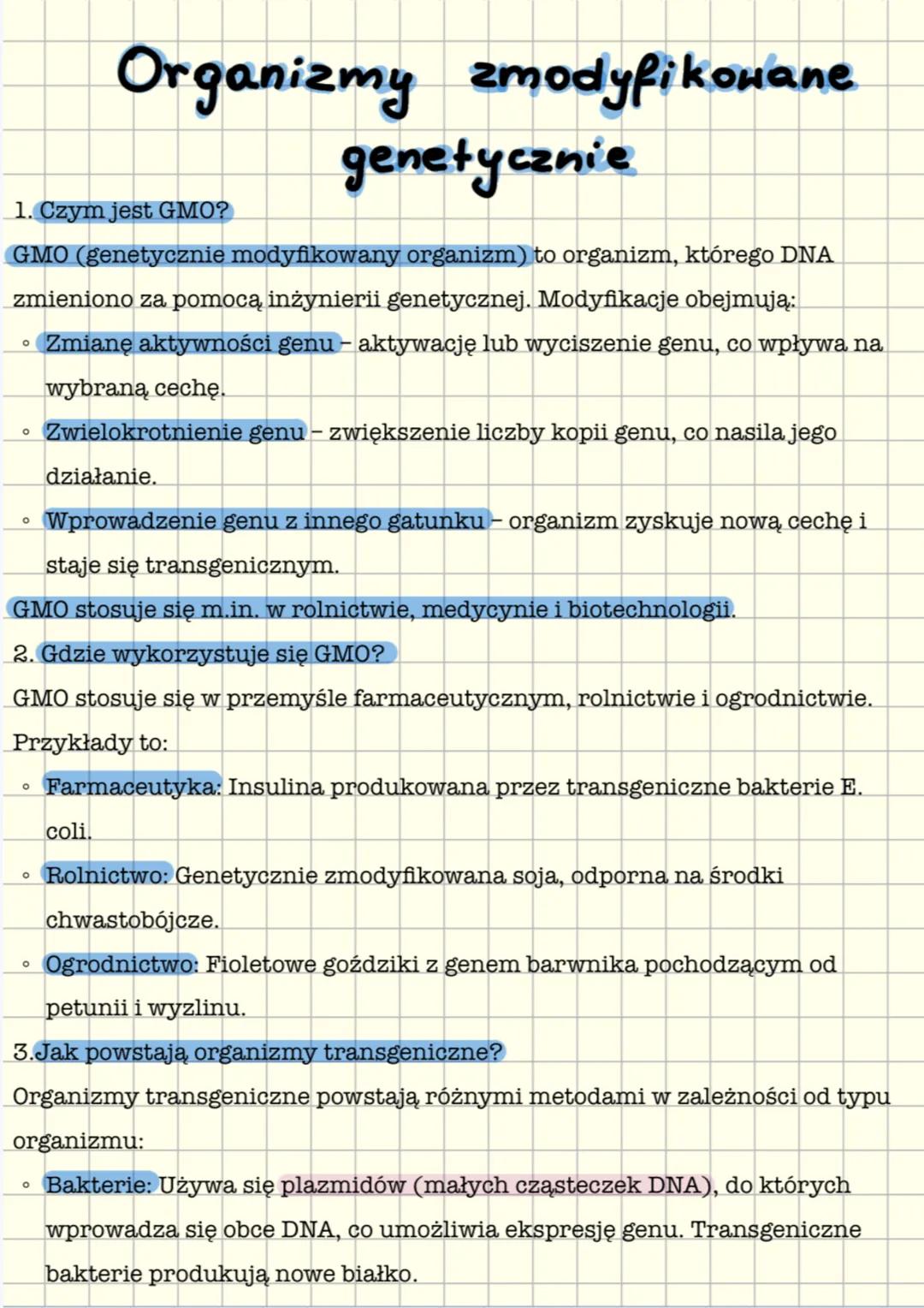 # Organizmy zmodyfikowane
genetycznie
1. Czym jest GMO?
GMO (genetycznie modyfikowany organizm) to organizm, którego DNA
zmieniono za pomo