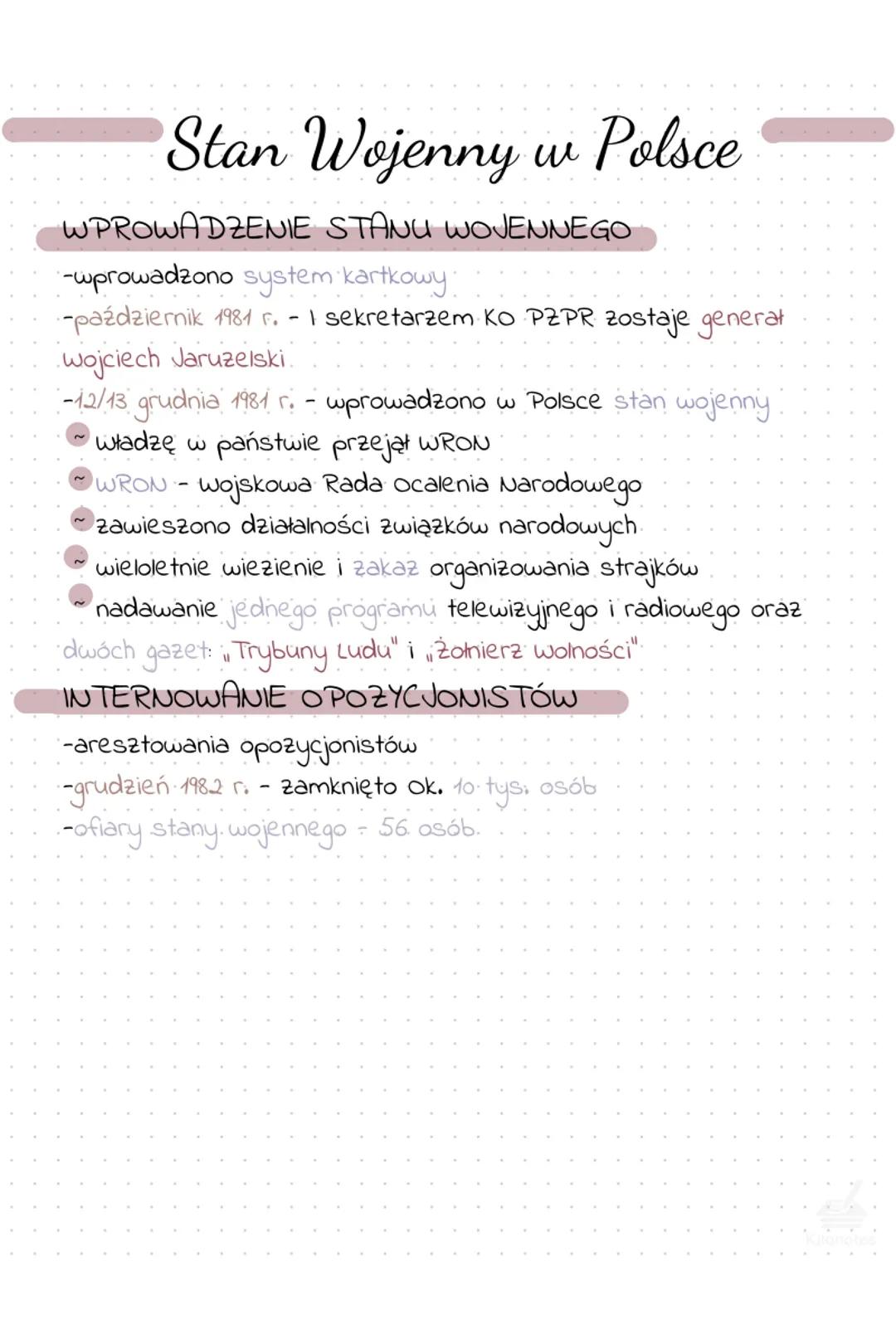 --- OCR Start ---
Stan Wojenny w Polsce
WPROWADZENIE STANU WOJENNEGO
-wprowadzono system kartkowy.
-październik 1981 r. - 1 sekretarzem KO P