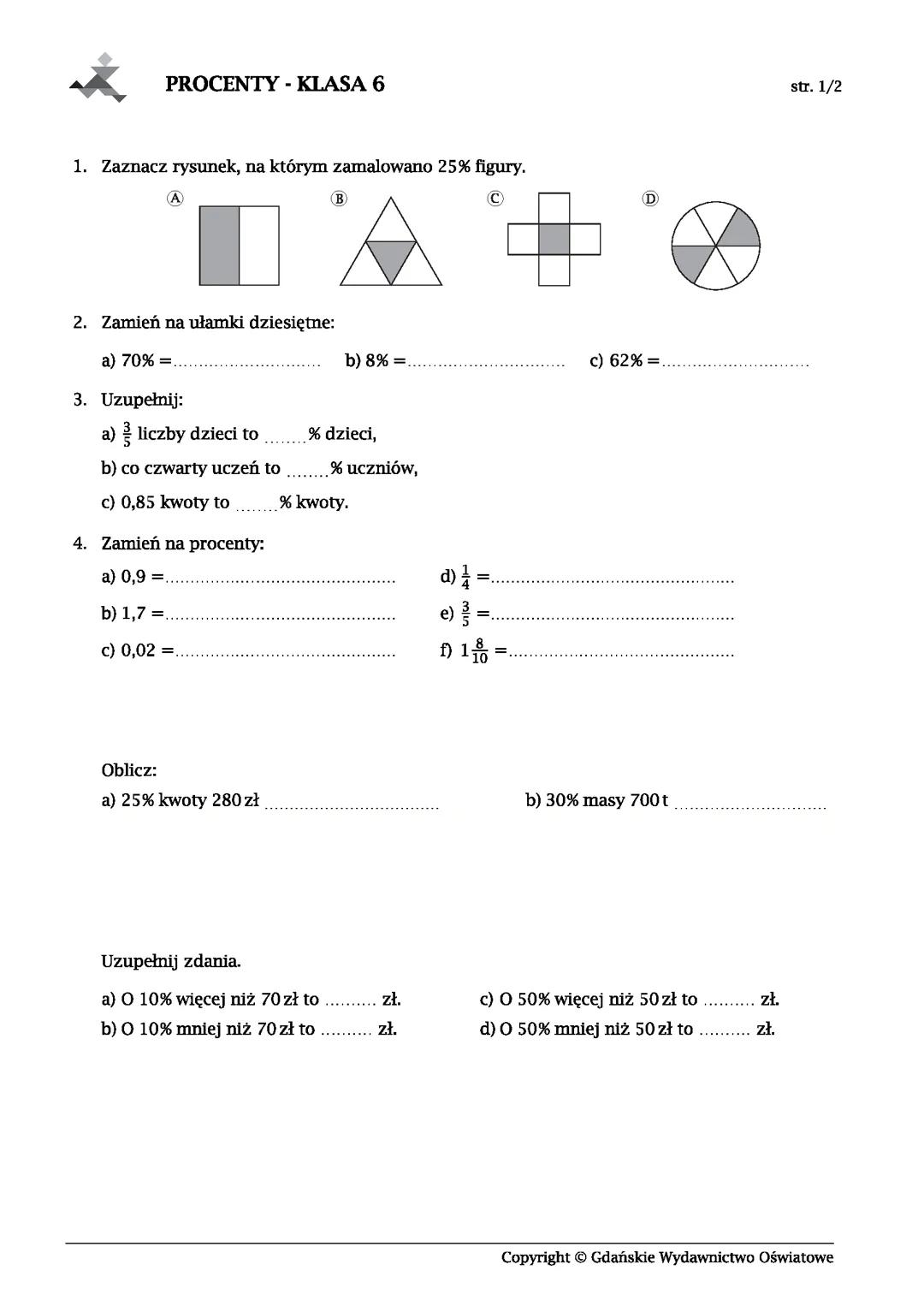Procenty - klasa 6 (sprawdzian)