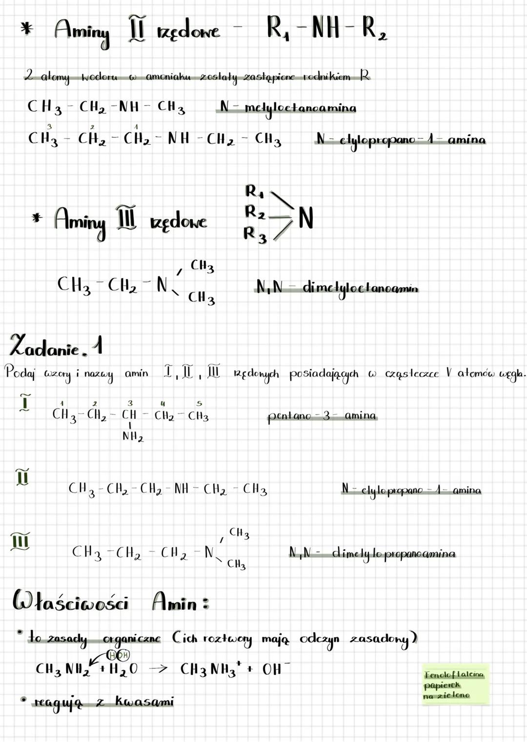 # Aminy i Amidy
Aminy - pochoche amoniaku, w którym jeden, dwa lub try atomy sederu
zostały zastąpione rodnikiem węglowodorowym R.
NH3 R: