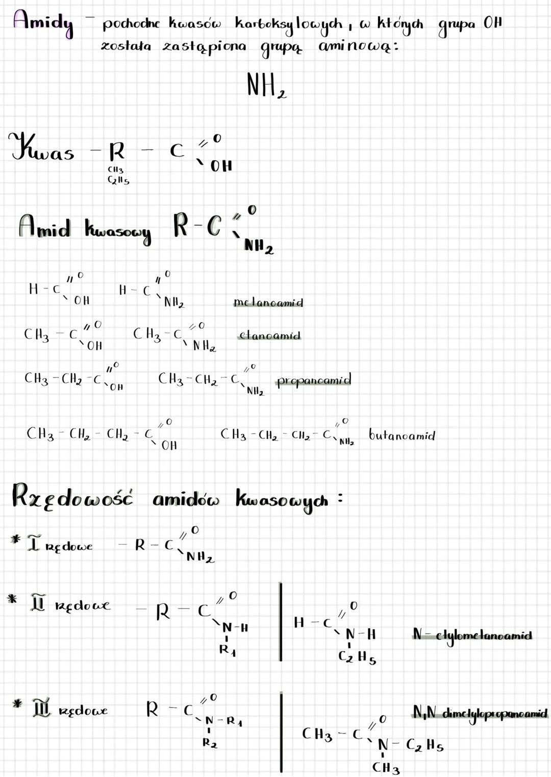 # Aminy i Amidy
Aminy - pochoche amoniaku, w którym jeden, dwa lub try atomy sederu
zostały zastąpione rodnikiem węglowodorowym R.
NH3 R: