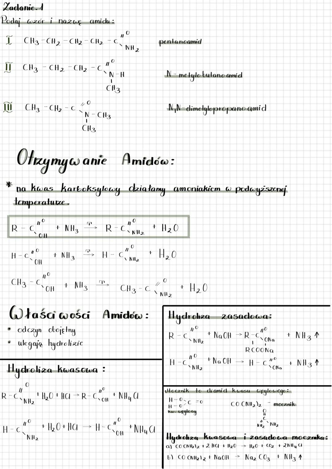 # Aminy i Amidy
Aminy - pochoche amoniaku, w którym jeden, dwa lub try atomy sederu
zostały zastąpione rodnikiem węglowodorowym R.
NH3 R: