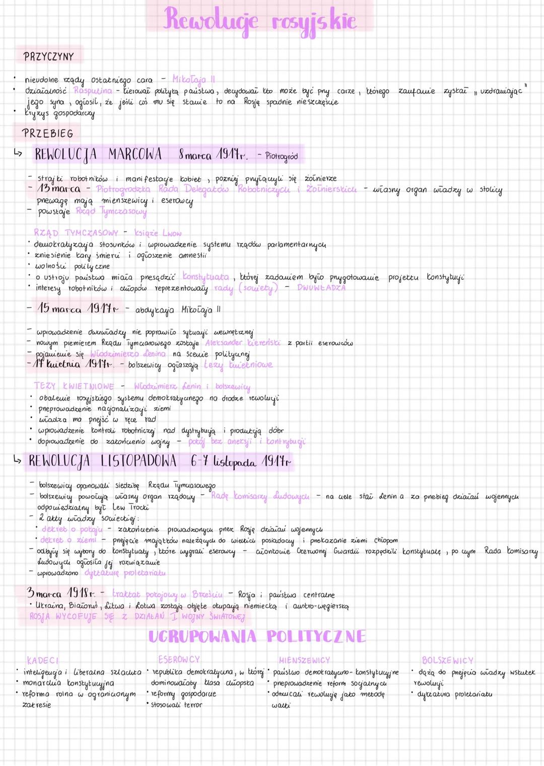 --- OCR Start ---
PRZYCZYNY
Rewoduje rosyjskie
nieudolne ready ostatniego cara Mikołaja II
Oziałalność Rasputina - kierował polityką państwa