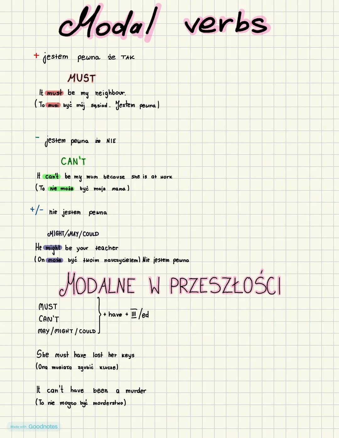 # Modal verbs
+ jestem pewna że TAK
MUST
It must be my neighbour.
(To musi być mój sąsiad. Jestem pewna)
- jestem pewna że NIE
CAN'T
It