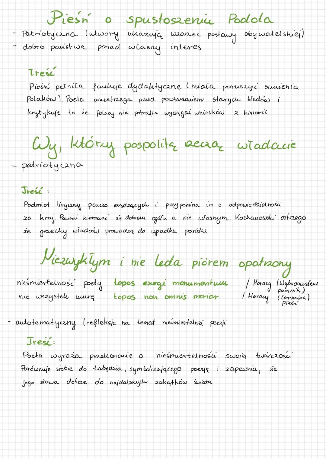 wzorował
się Horacym
# Jan Kochanowski
## Pieśni
Poela
Doctulus
Gatunek: Pieśń prosty w budowie, unior i prostota, wiele epitetów, porów