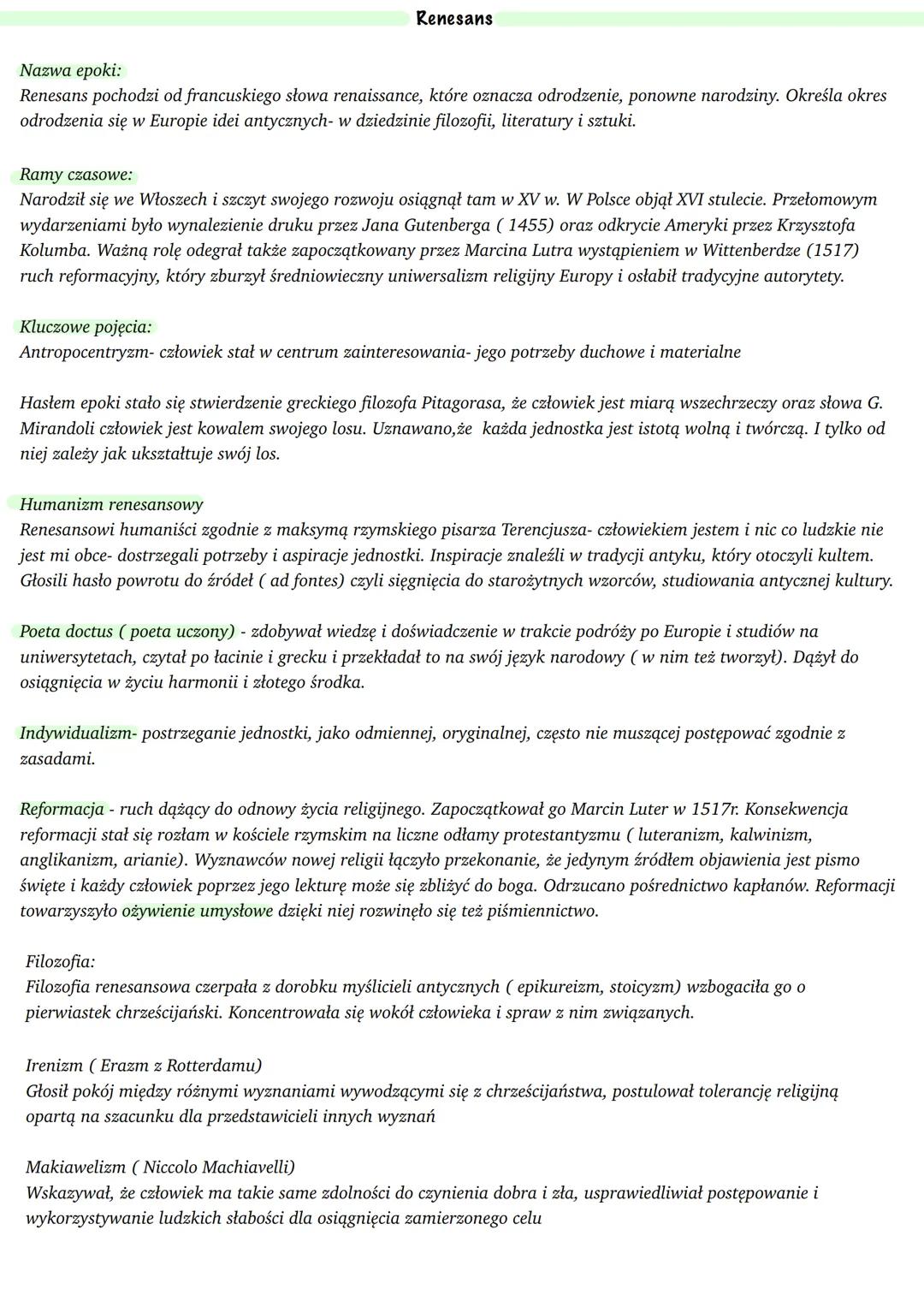 # Renesans
Nazwa epoki:
Renesans pochodzi od francuskiego słowa renaissance, które oznacza odrodzenie, ponowne narodziny. Określa okres
odr