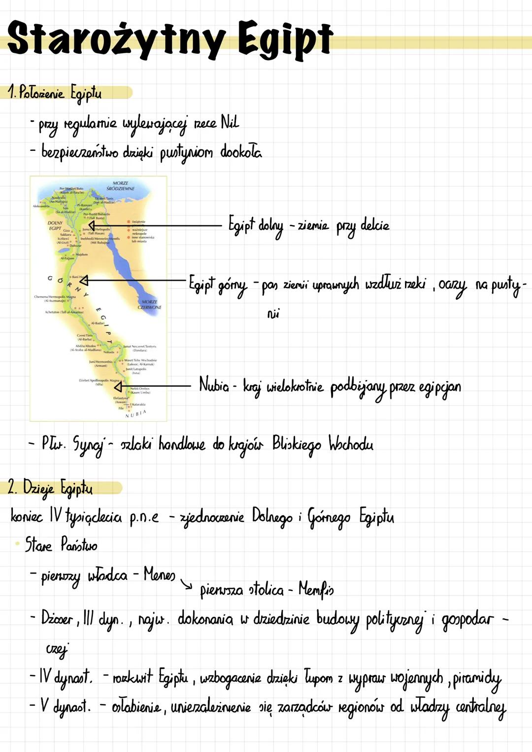 --- OCR Start ---
Starożytny Egipt
1. Położenie Egiptu
- przy regularnie wylewającej rzece Nil
- bezpieczeństwo dzięki pustyniom dookoła
Egi