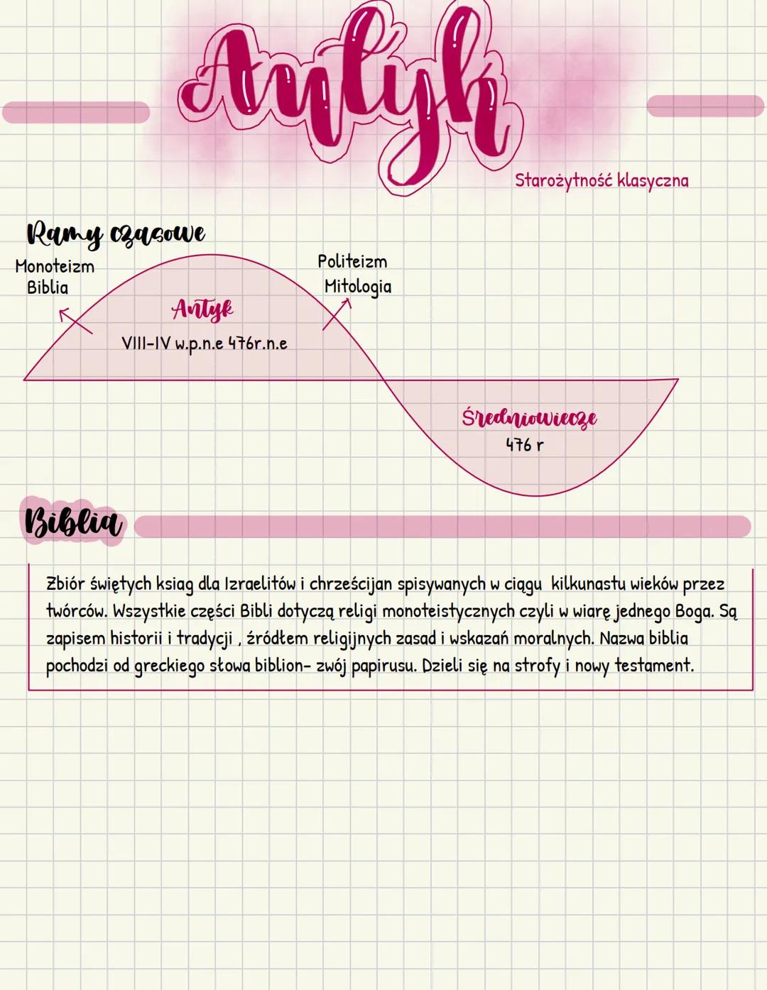 --- OCR Start ---
Aulyh
Ramy czasowe
Monoteizm
Biblia
Antyk
VIII-IV w.p.n.e 476r.n.e
Politeizm
Mitologia
Starożytność klasyczna
Średniowiecz