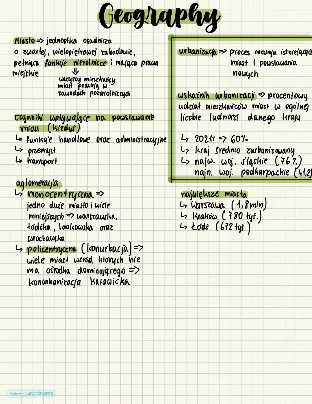 # Geography
Miasto => jednostka osadnicza
o zwartej, wielopiętrowej zabudowie,
petniąca funkcje nierolnicze i mająca prawa
miejskie
⇓
wszys