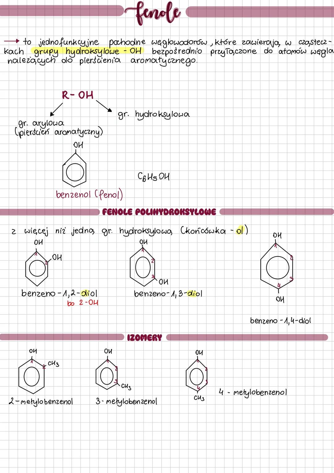 # fenole
→to jedno funkcyjne pochodne węglowodorów, które zawierają, w cząstecz -
kach grupy hydroksylowe - OH bezpośrednio przyłączone do