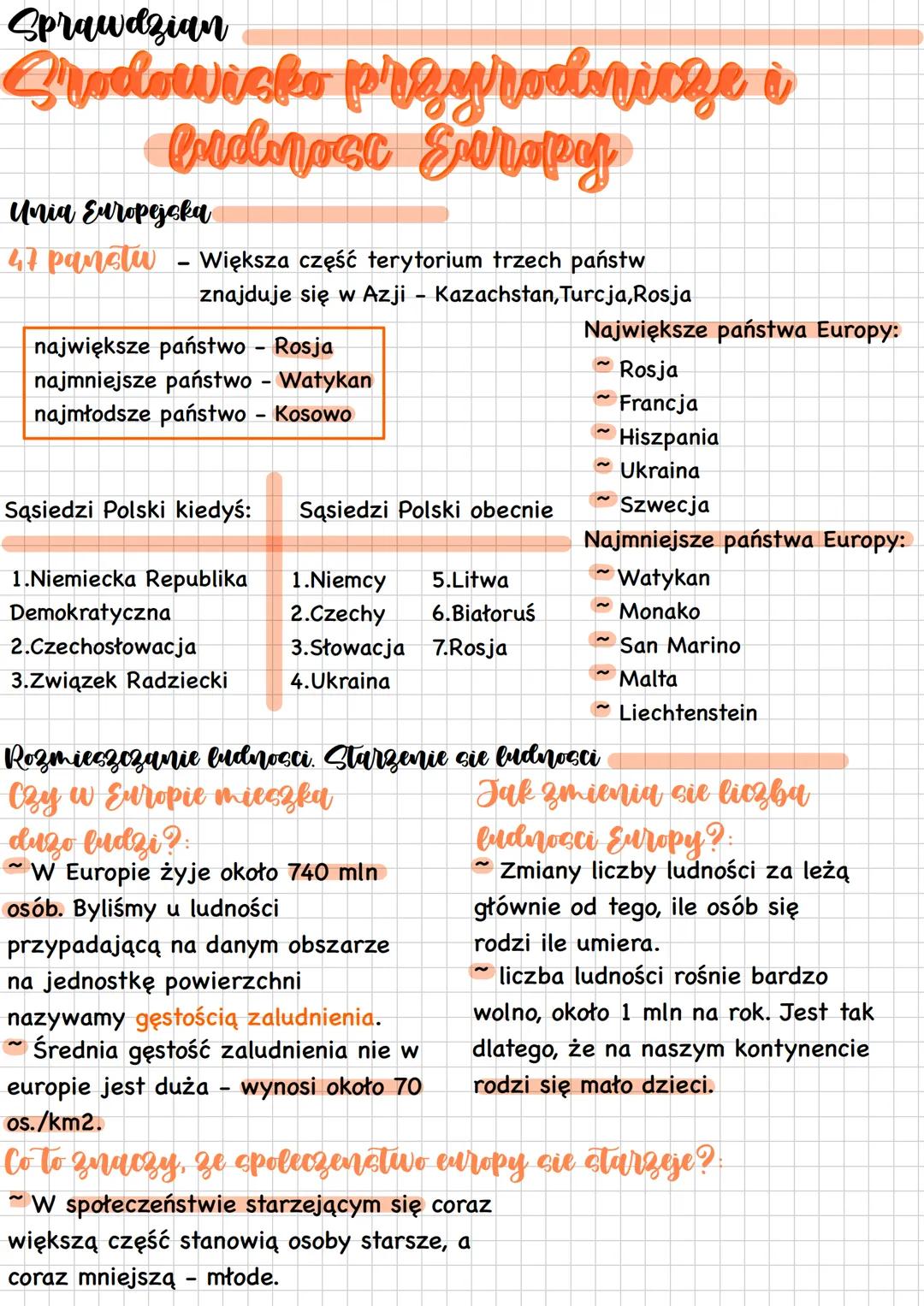 --- OCR Start ---
Sprawdzian
Srodowisko przyrodnicze i
budnosa Europy
Unia Europejska
47 panstw
Większa część terytorium trzech państw
znajd