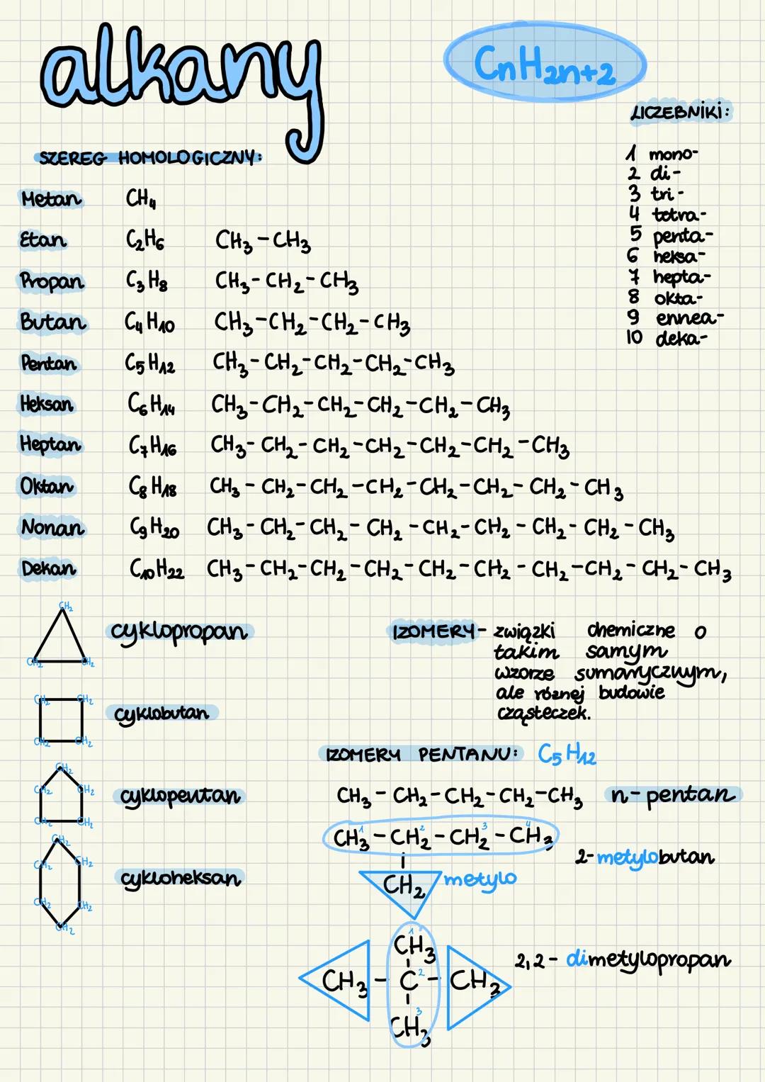 alkany
SZEREG HOMOLOGICZNY:
$CnH2n+2$
Metan CH
Etan C2H6 CH3-CH3
Propan C3H8 CH3-CH2-CH3
Butan C4H10 CH3-CH2-CH2-CH3
LICZEBNIKI:
1 m