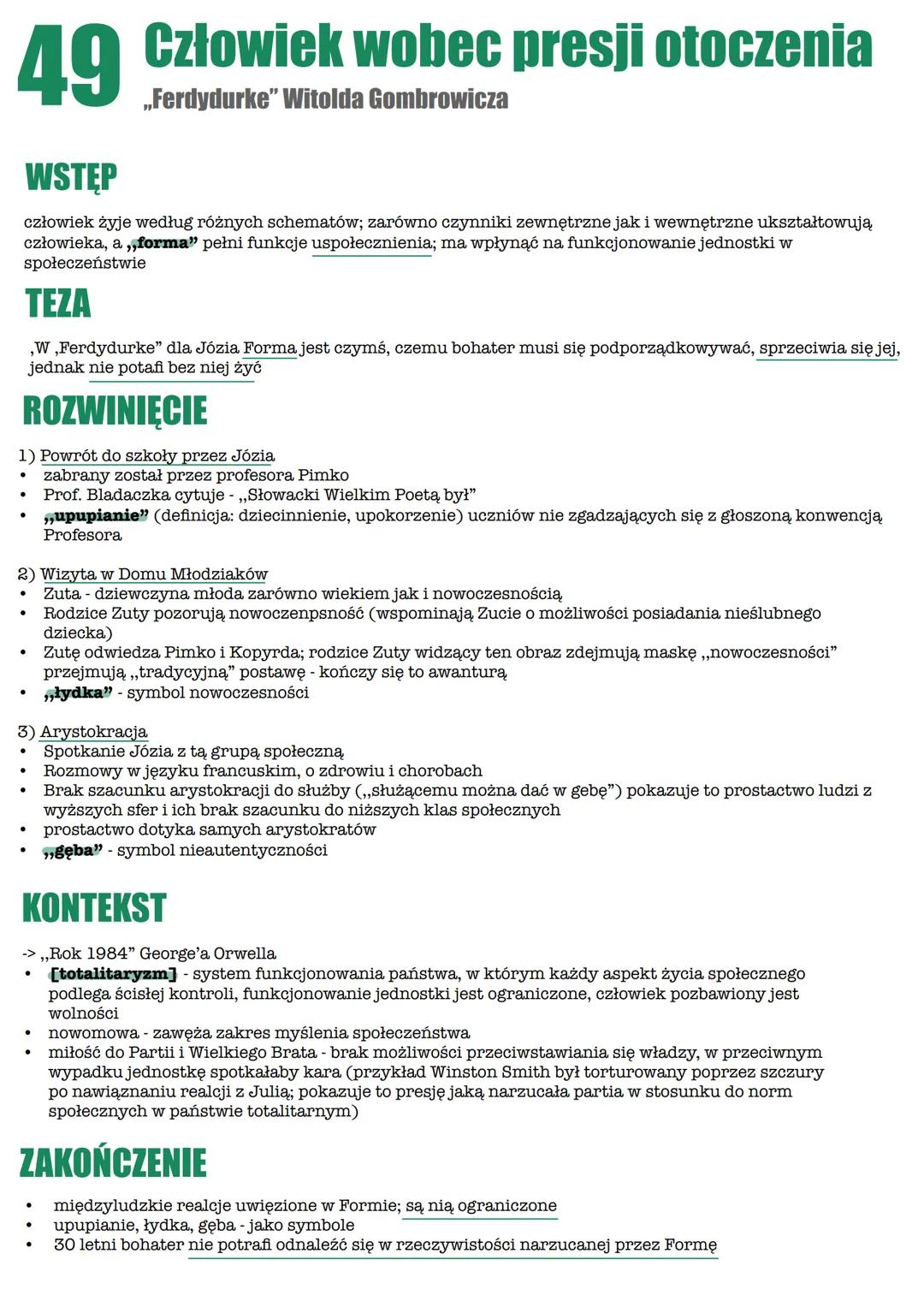 # 49 Człowiek wobec presji otoczenia
„Ferdydurke" Witolda Gombrowicza
## WSTĘP
człowiek żyje według różnych schematów; zarówno czynniki z