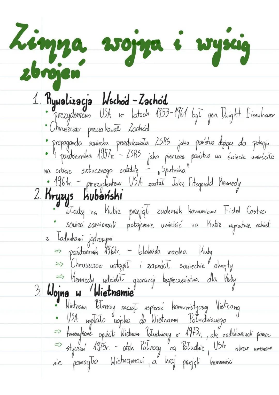 # Zimna wojna i wyścig
zbrojen
1. Rywalizacja Wschód - Zachód
* prezydentcom USA w latach 1953-1961 był gan. Dwight Eisenhaver
* Chrus