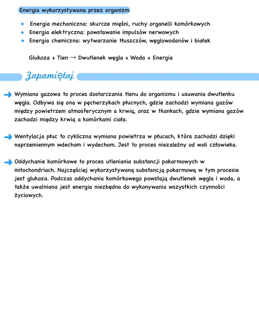 # Mechanizm oddychania
Oddychanie płucne wymiana gazowa w pęcherzykach płucnych.
Oddychanie tkankowe - wymiana gazowa w komórkach.
Oddych