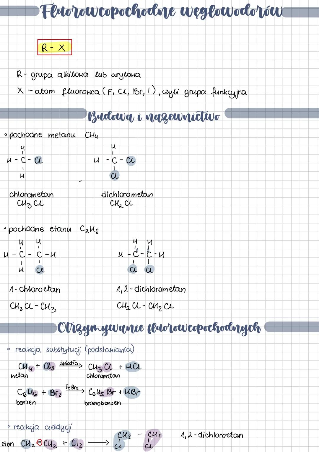 --- OCR Start ---
Fluorowcopochodne węglowodorów
R-X
R- grupa alkilowa lub arylowa
X-atom fluorowca (F, Cl, Br, I), czyli grupa funkcyjna
Bu