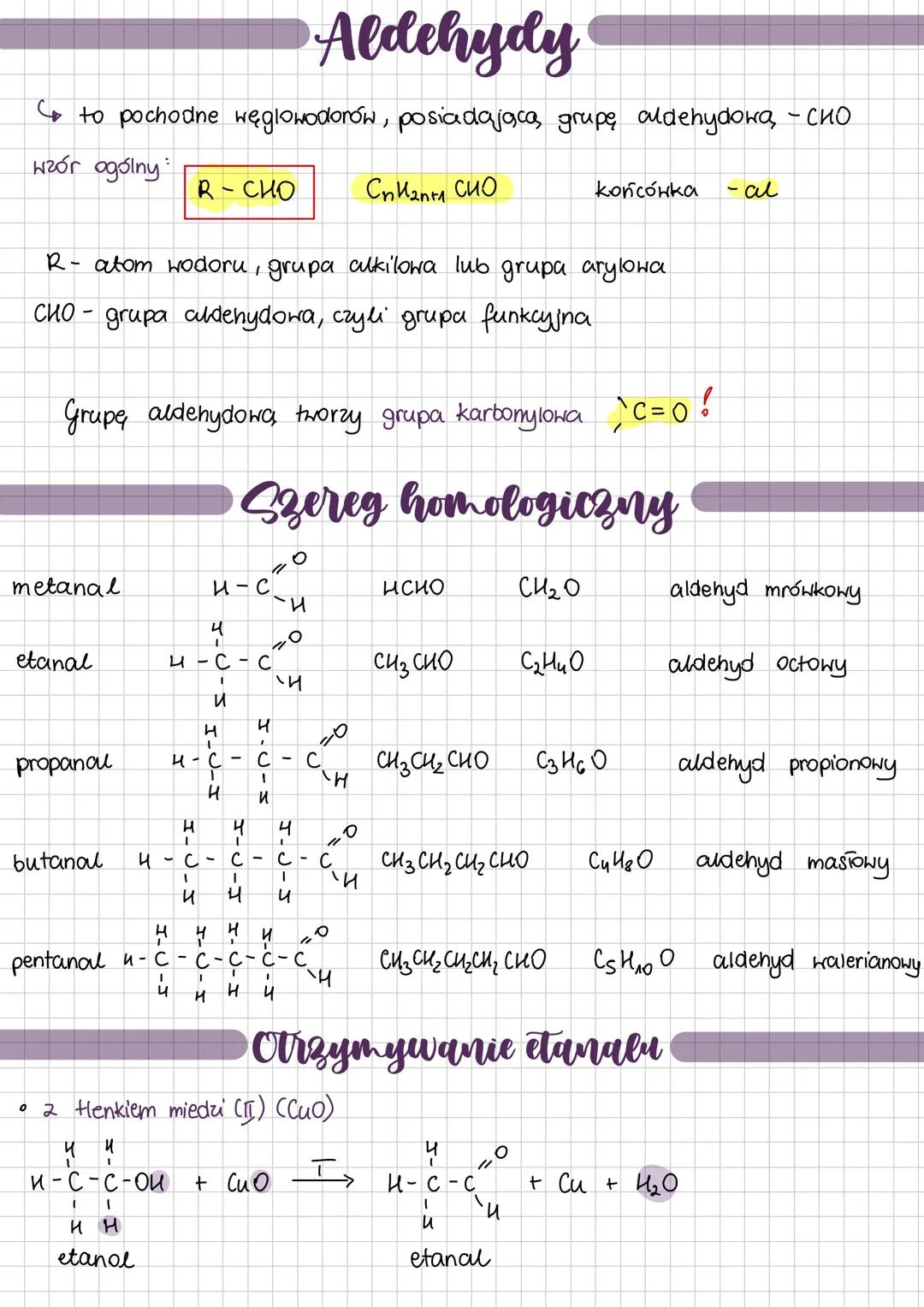 --- OCR Start ---
Aldehydy
→ to pochodne węglowodorów, posiadająca, grupę aldehyдона, - спо
wzór ogólny
R-CHO
$C_{n}H_{2n+1}$ CHO
końcówka -