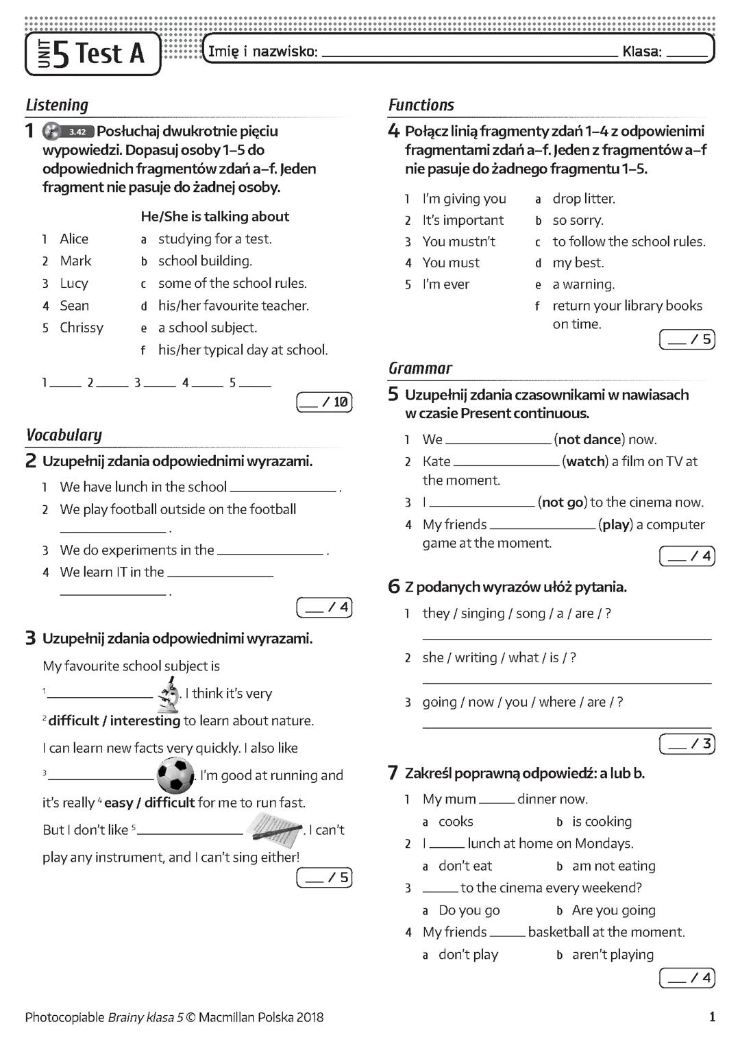 Sprawdzian Brainy kl. 5 Test Unit 5 test A