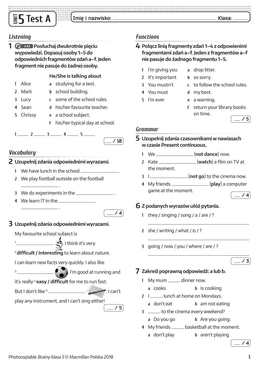 --- OCR Start ---
5 Test A
Listening
Imię i nazwisko:
1 342 Posłuchaj dwukrotnie pięciu
wypowiedzi. Dopasuj osoby 1-5 do
odpowiednich fragme