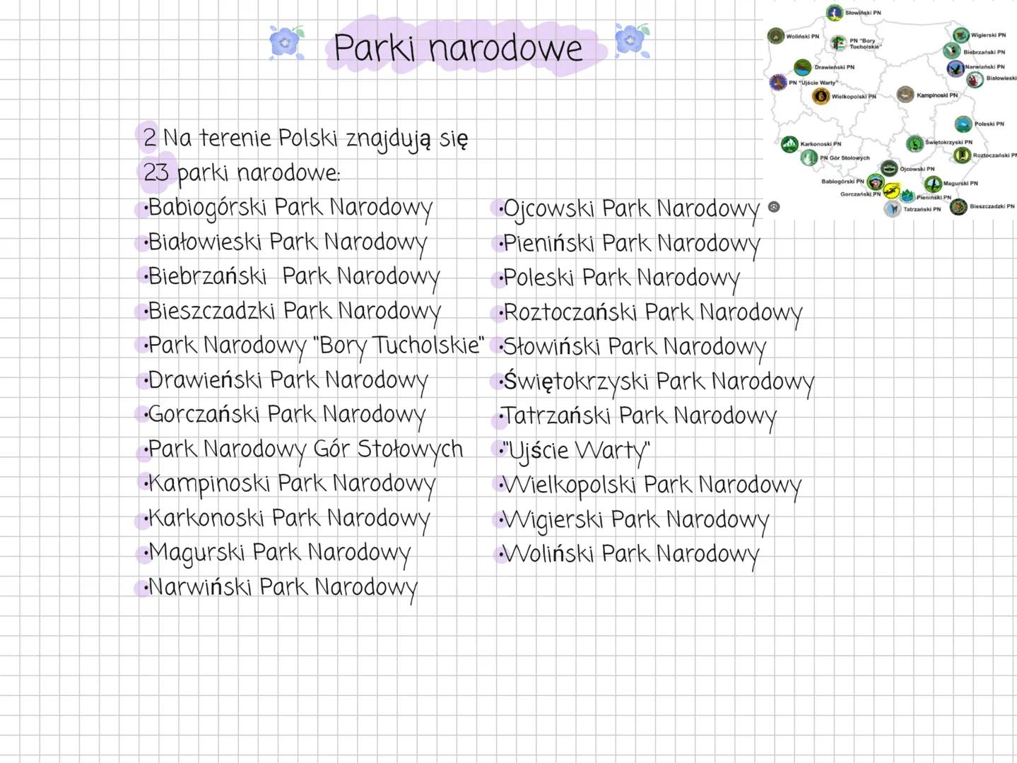# Parki narodowe
2 Na terenie Polski znajdują się
23 parki narodowe:
• Babiogórski Park Narodowy
• Ojcowski Park Narodowy
• Białowieski Par