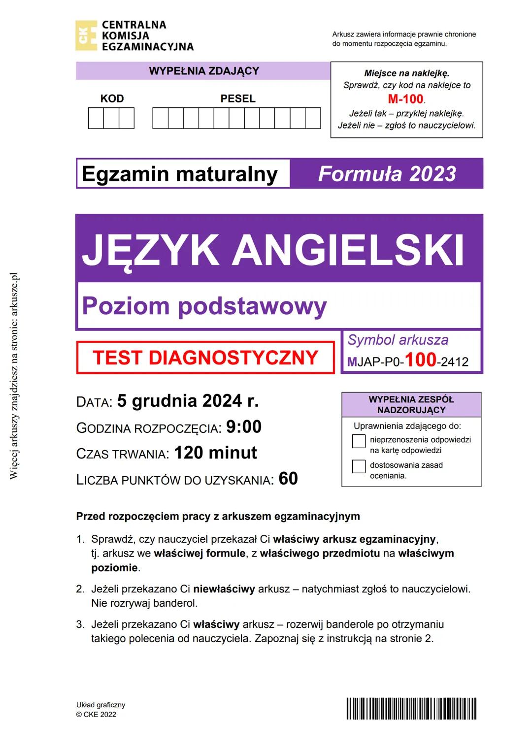 --- OCR Start ---
Więcej arkuszy znajdziesz na stronie: arkusze.pl
CENTRALNA
KOMISJA
EGZAMINACYJNA
WYPEŁNIA ZDAJĄCY
KOD
PESEL
Egzamin matura