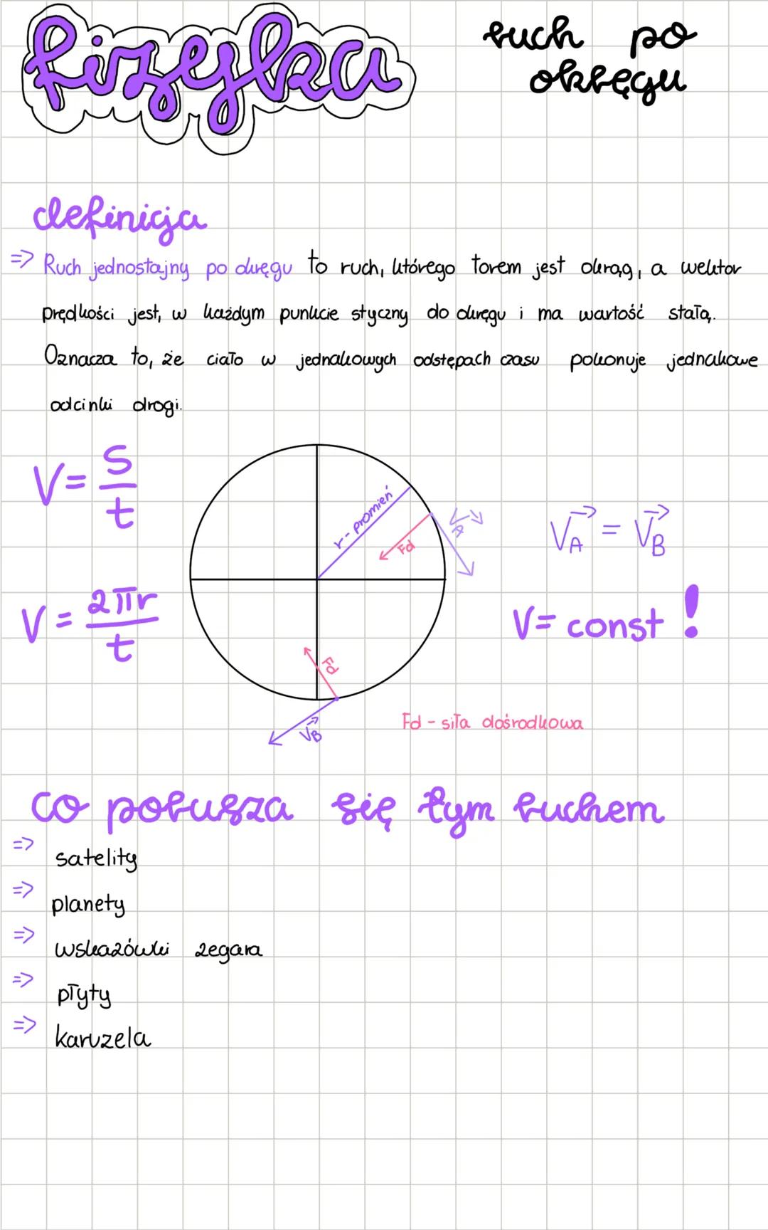 fizyka
clefinicja
such po
okręgu
=> Ruch jednostajny po diręgu to ruch, którego torem jest oderag, a welltor
prędkości jest, w każdym pun