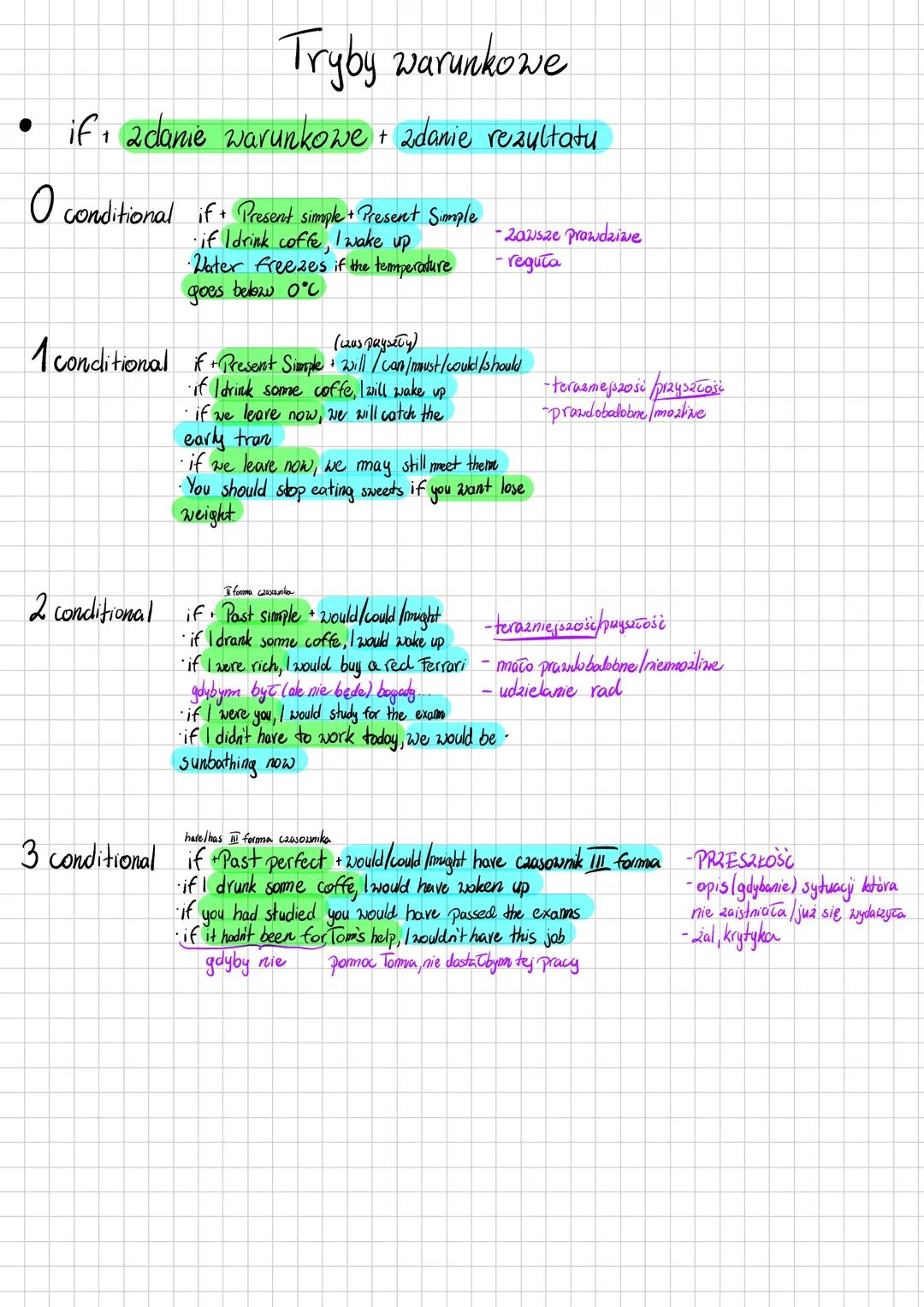 # Tryby warunkowe
• if+ zdanie warunkowe + zdanie rezultatu
O conditional if+ Present simple + Present Simple
- if Idrink coffe, I wake up