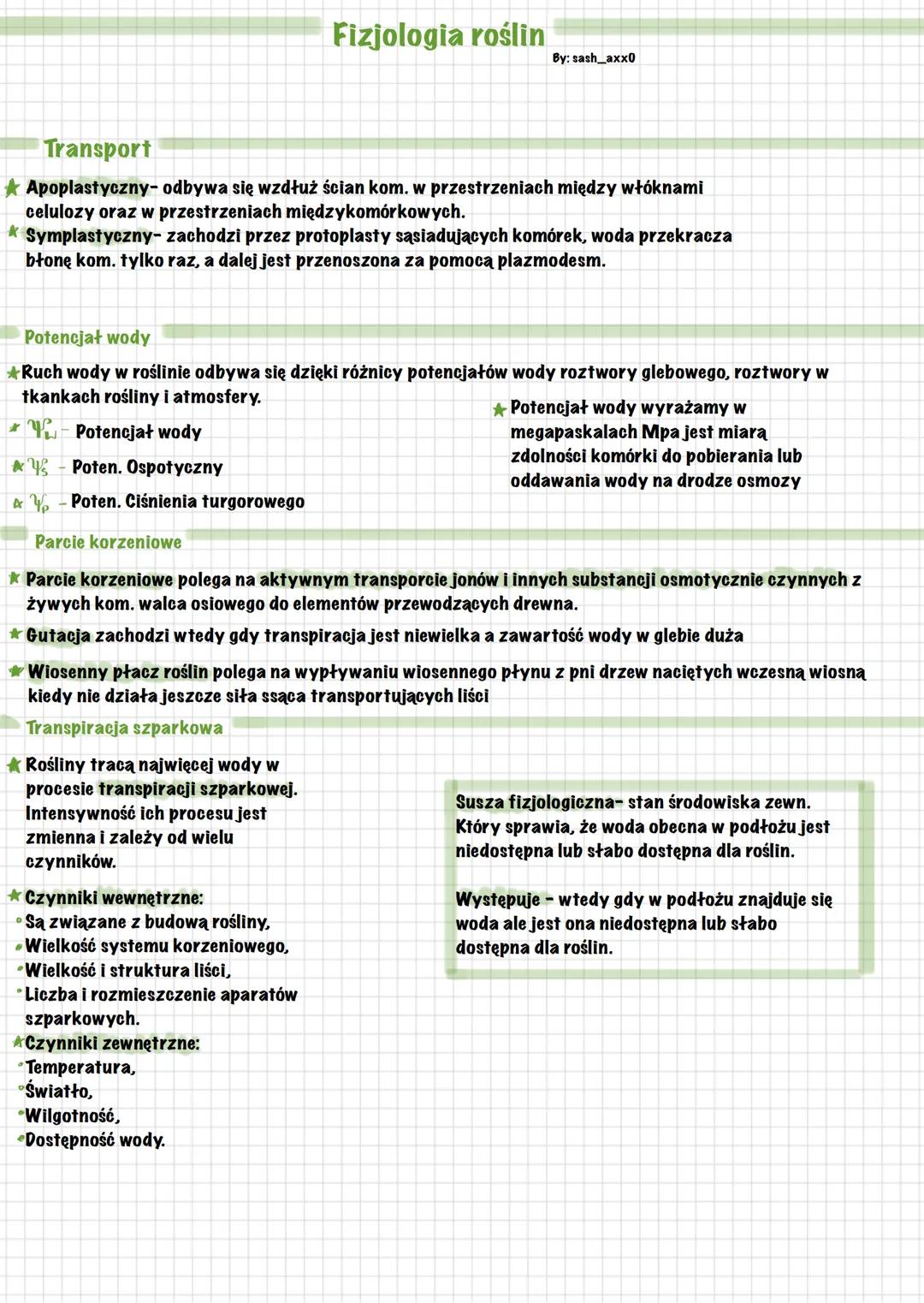 # Fizjologia roślin
By: sash_axx0
Transport
★ Apoplastyczny- odbywa się wzdłuż ścian kom. w przestrzeniach między włóknami
celulozy oraz w