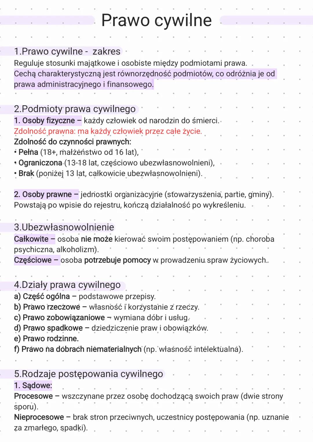 Prawo cywilne
-1.Prawo cywilne - zakres
Reguluje stosunki majątkowe i osobiste między podmiotami prawa.
Cechą charakterystyczną jest równorz