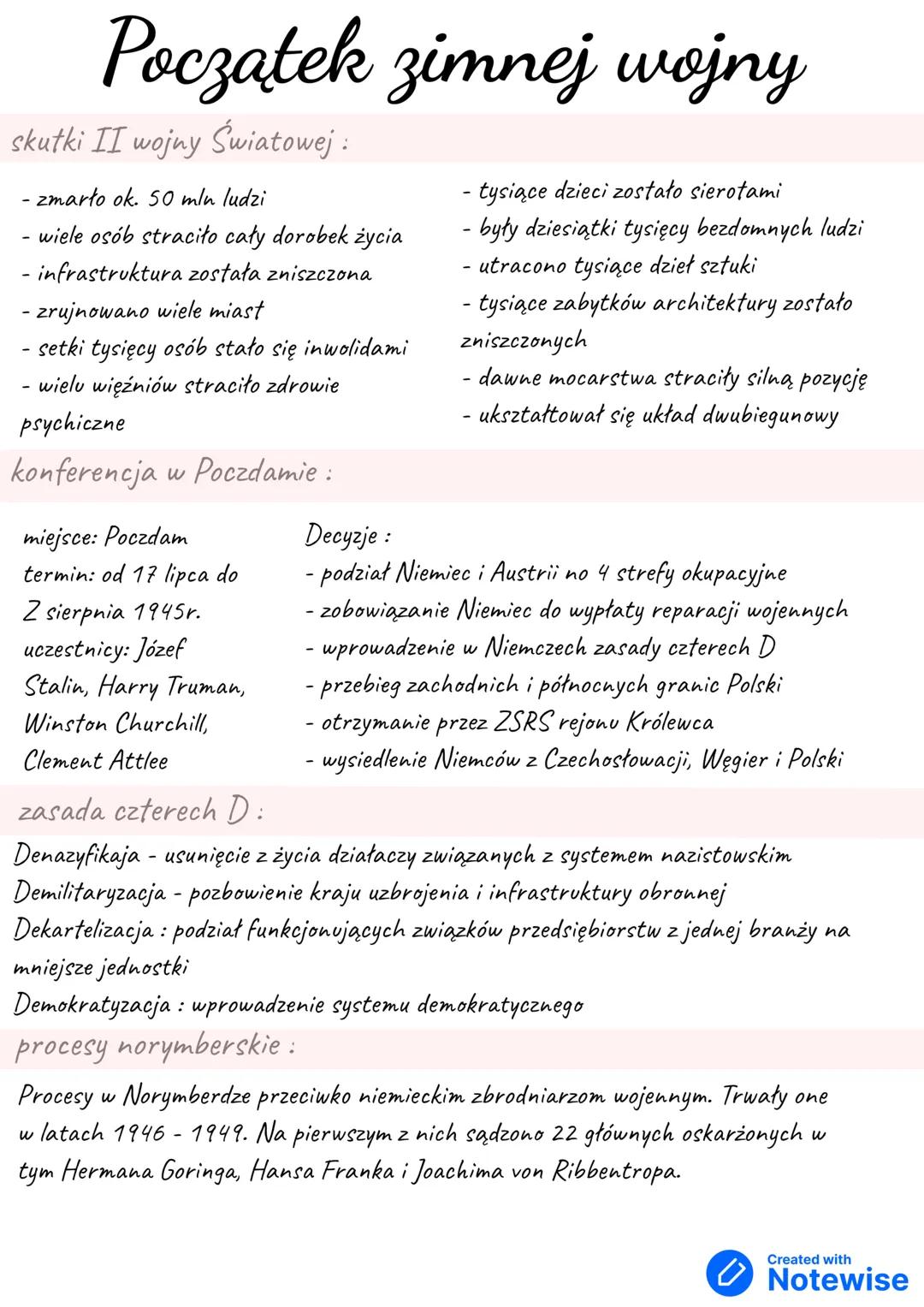 # Początek zimnej wojny
skutki II wojny Światowej:
- zmarło ok. 50 mln ludzi
- wiele osób straciło cały dorobek życia
- infrastruktura zos