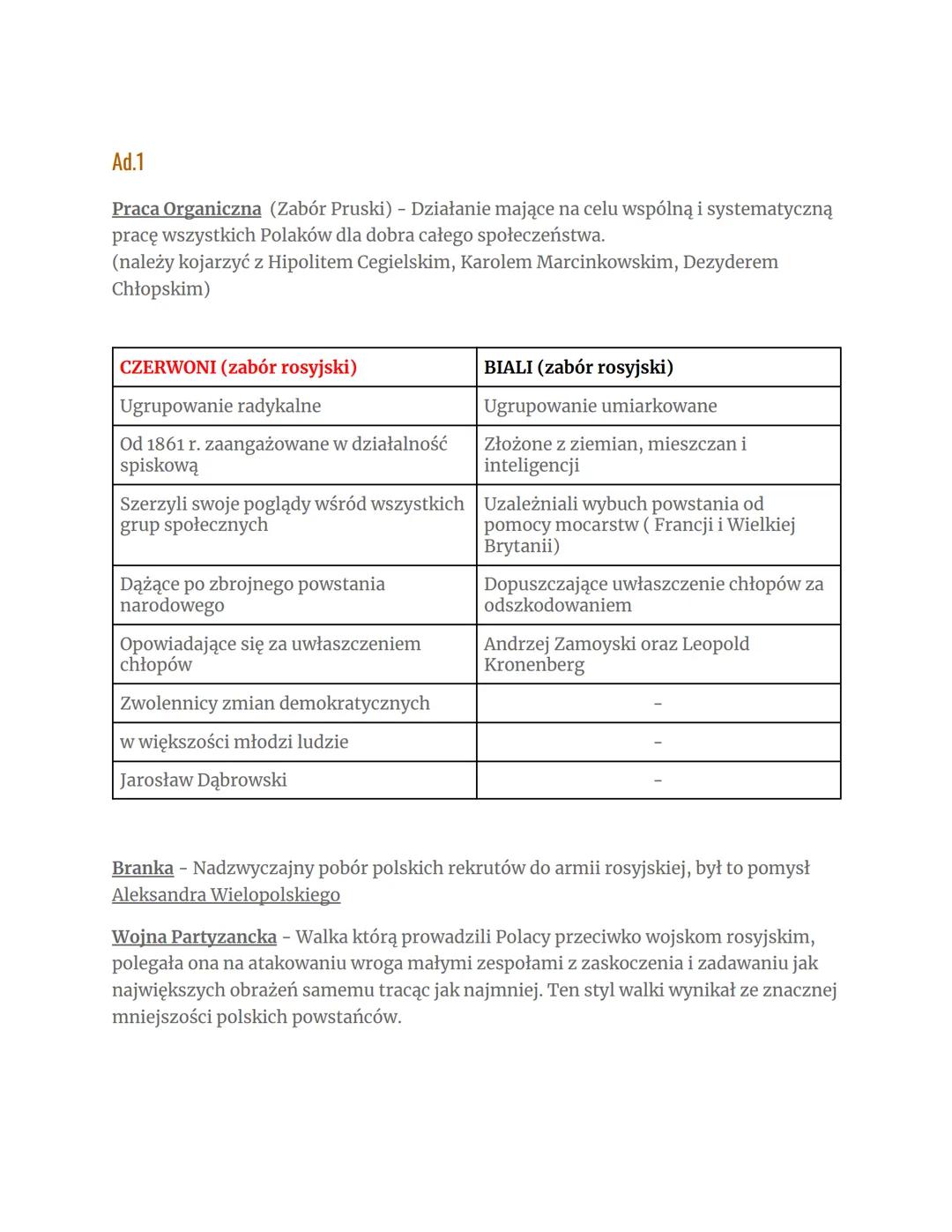 # Historia dział IV
Ziemie Polskie po wiośnie ludów
1. POWSTANIE STYCZNIOWE
1. pojęcia: praca organiczna, czerwoni i biali, branka, wojna