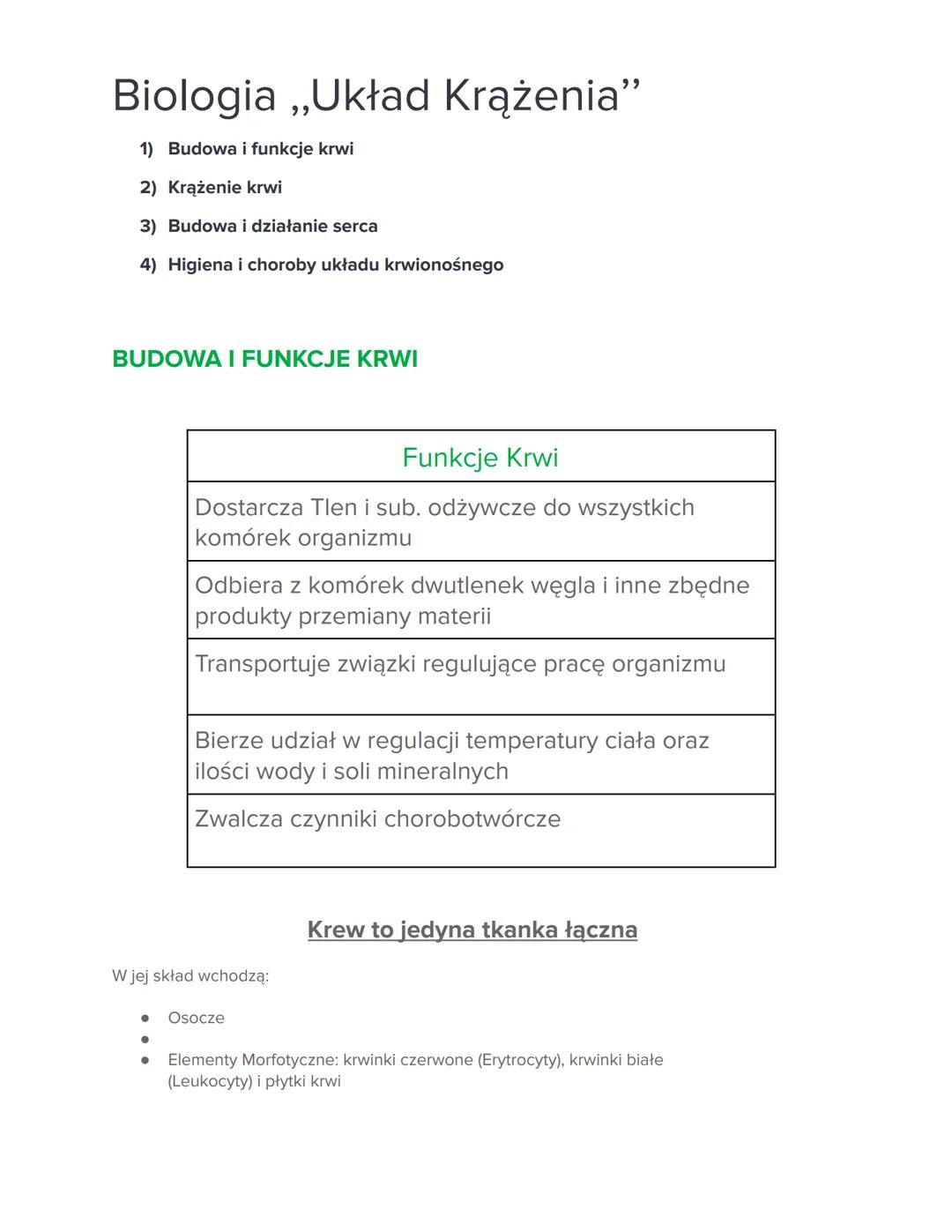 # Biologia „Układ Krążenia”
1) Budowa i funkcje krwi
2) Krążenie krwi
3) Budowa i działanie serca
4) Higiena i choroby układu krwionośne