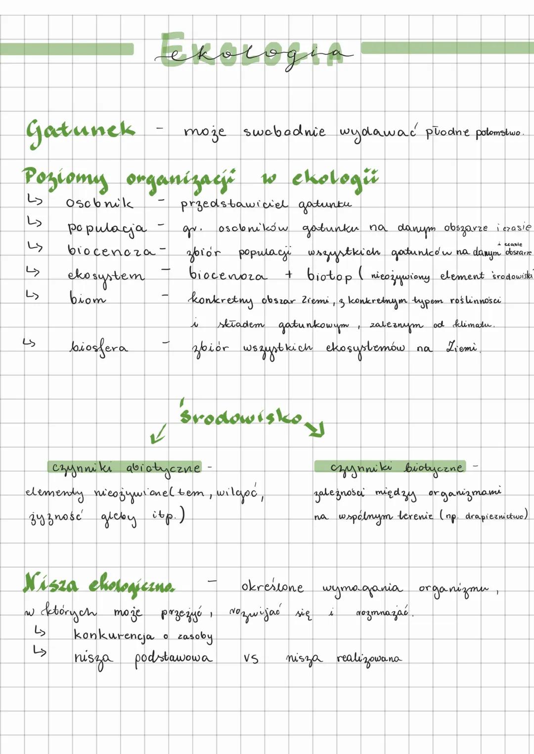 # Ekologia
Gatunek - może swobodnie wydawać płodne potomstwo.
## Poziomy organizacji w ekologii
- osobnik - przedstawiciel gatunku
- popu