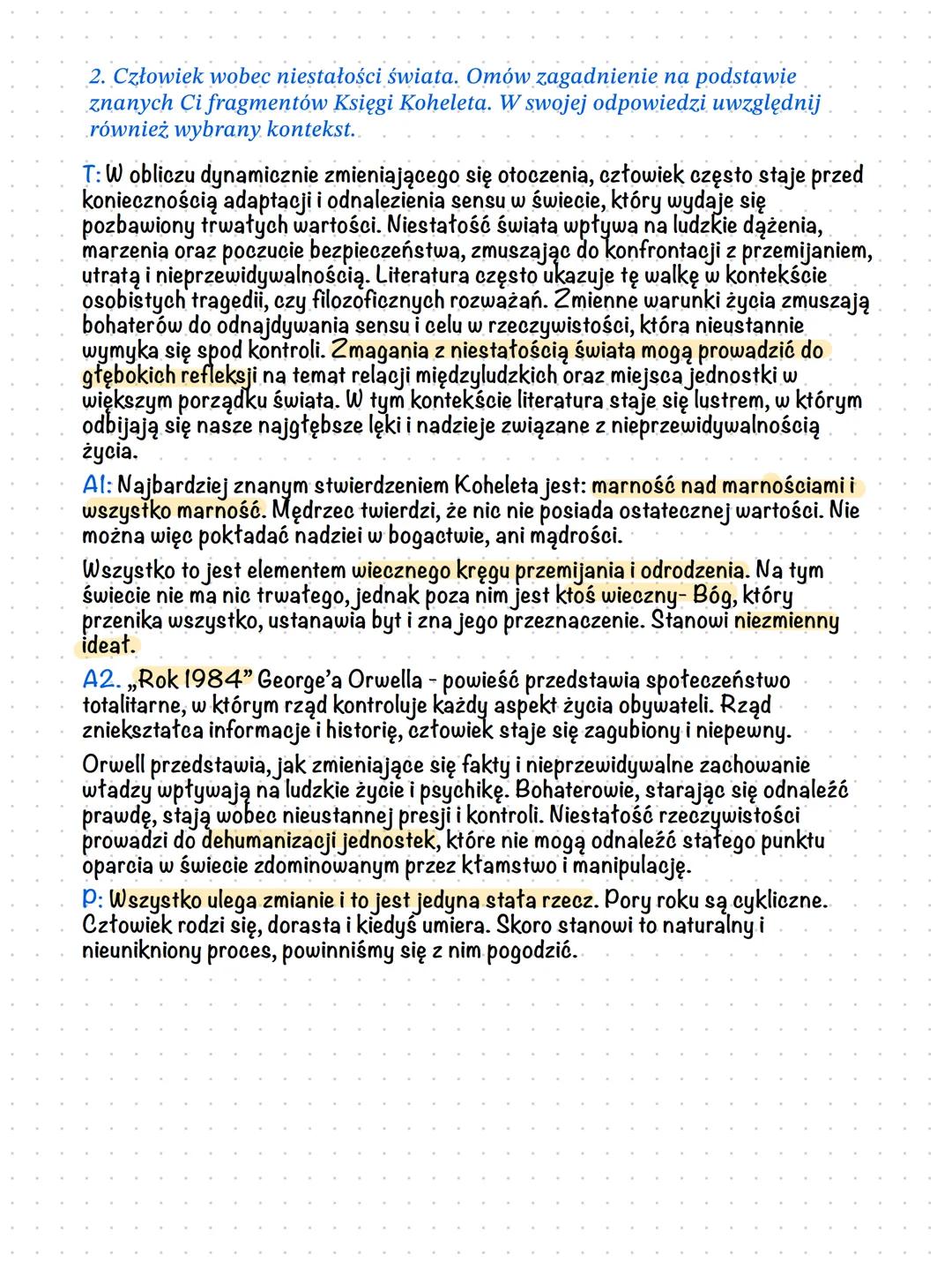 2. Człowiek wobec niestałości świata. Omów zagadnienie na podstawie
znanych Ci fragmentów Księgi Koheleta. W swojej odpowiedzi uwzględnij
ró