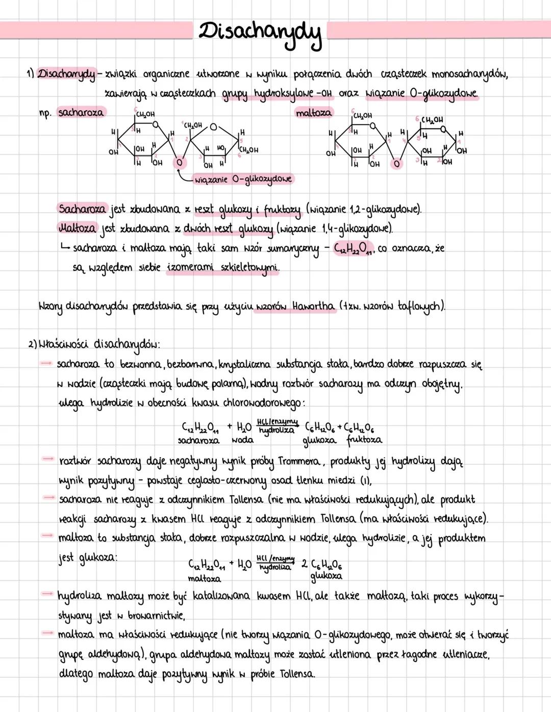 # Disacharydy
1) Disacharrydy - związki organiczne utworzone w wyniku połączenia dwóch cząsteczek monosacharydów,
zawierają w cząsteczkach