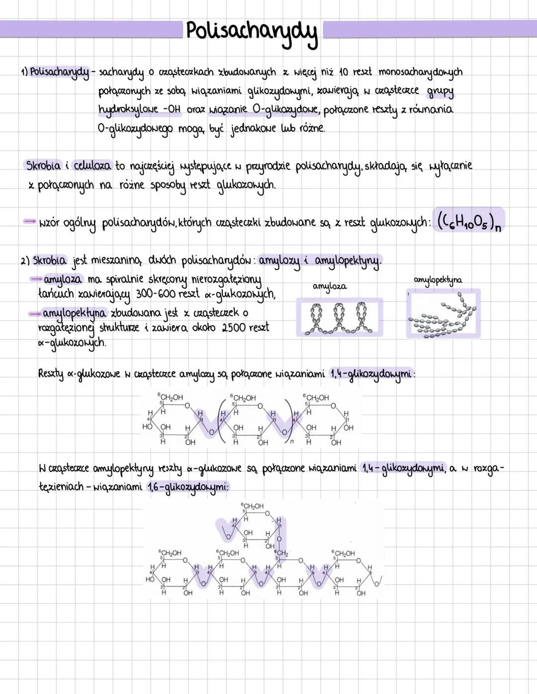 # Polisacharydy
1) Polisacharydy - sacharydy o cząsteczkach zbudowanych z więcej niż 10 reszt monosacharydowych
połączonych ze sobą wiązani