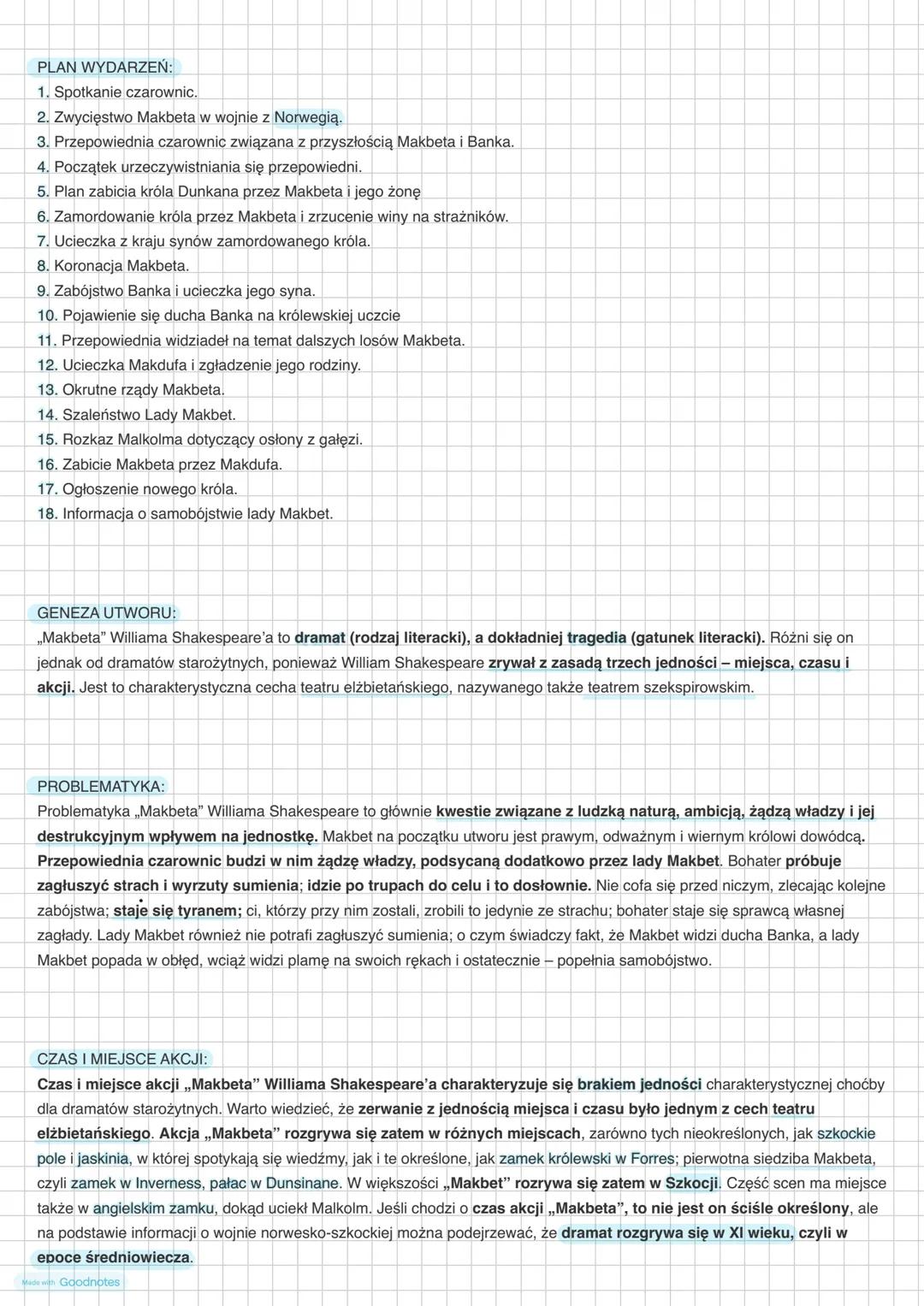 PLAN WYDARZEŃ:
1. Spotkanie czarownic.
2. Zwycięstwo Makbeta w wojnie z Norwegią.
3. Przepowiednia czarownic związana z przyszłością Makbeta