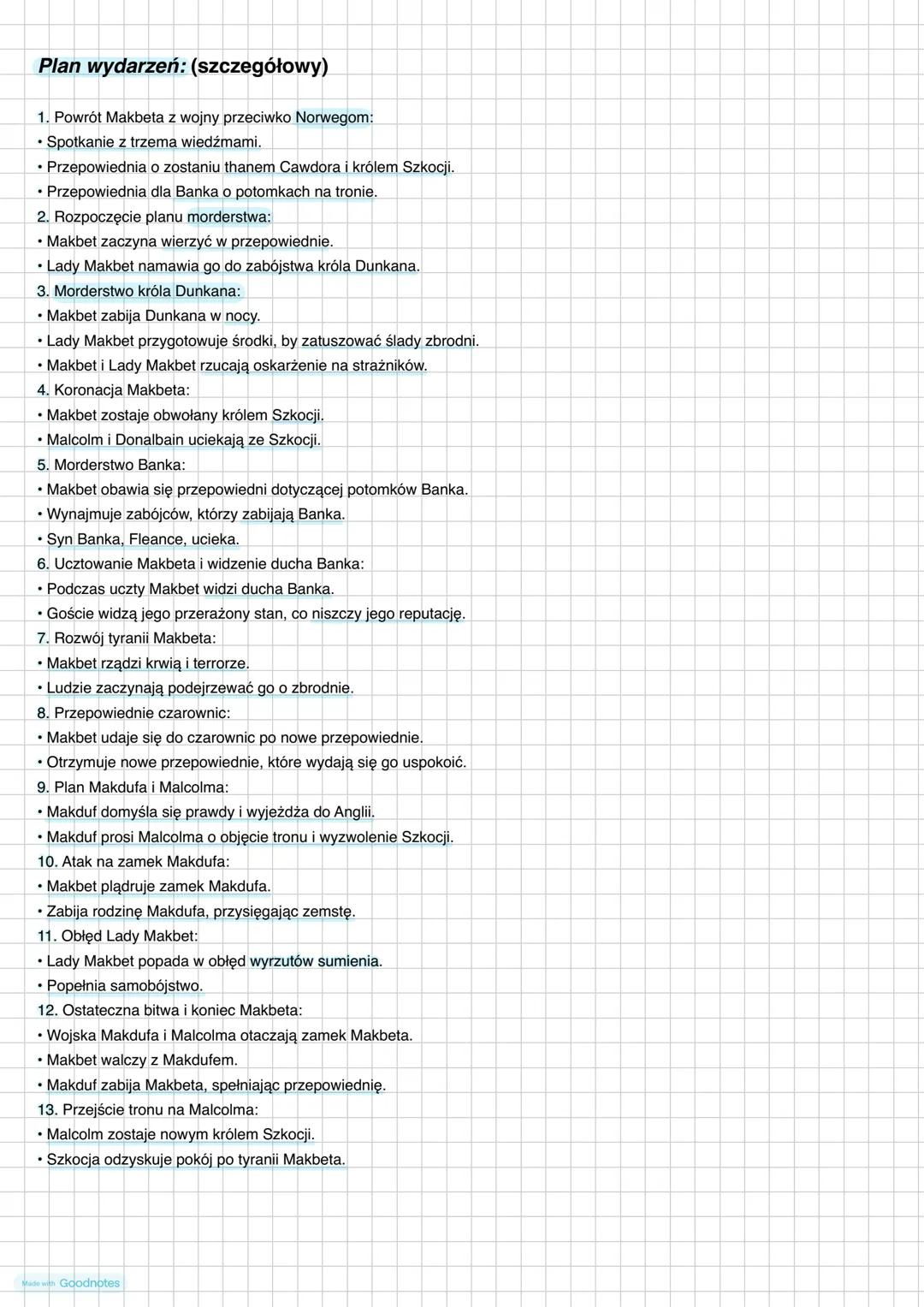 PLAN WYDARZEŃ:
1. Spotkanie czarownic.
2. Zwycięstwo Makbeta w wojnie z Norwegią.
3. Przepowiednia czarownic związana z przyszłością Makbeta