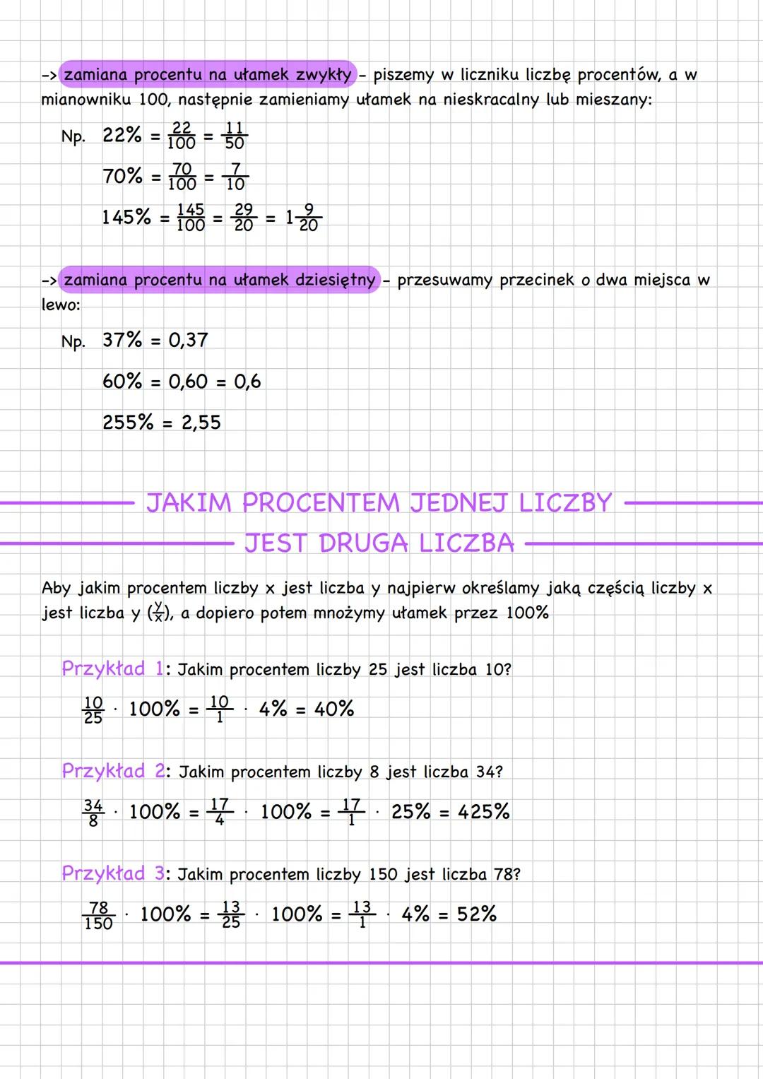 # procenty
-> procent - część całości o mianowniku 100. Zapisujemy go symbolem %
p% = 100
Np. 1% to 1 setna całości:
1% = 1 = 0,01
100