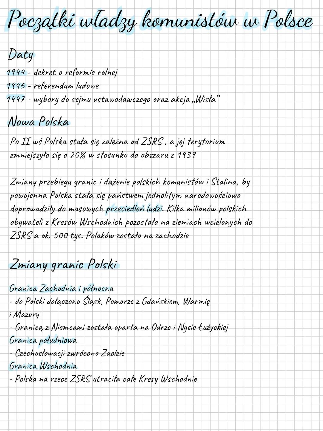# Początki władzy komunistów w Polsce
Daty
1944-dekret o reformie rolnej
1946-referendum ludowe
1447- wybory do sejmu ustawodawczego ora